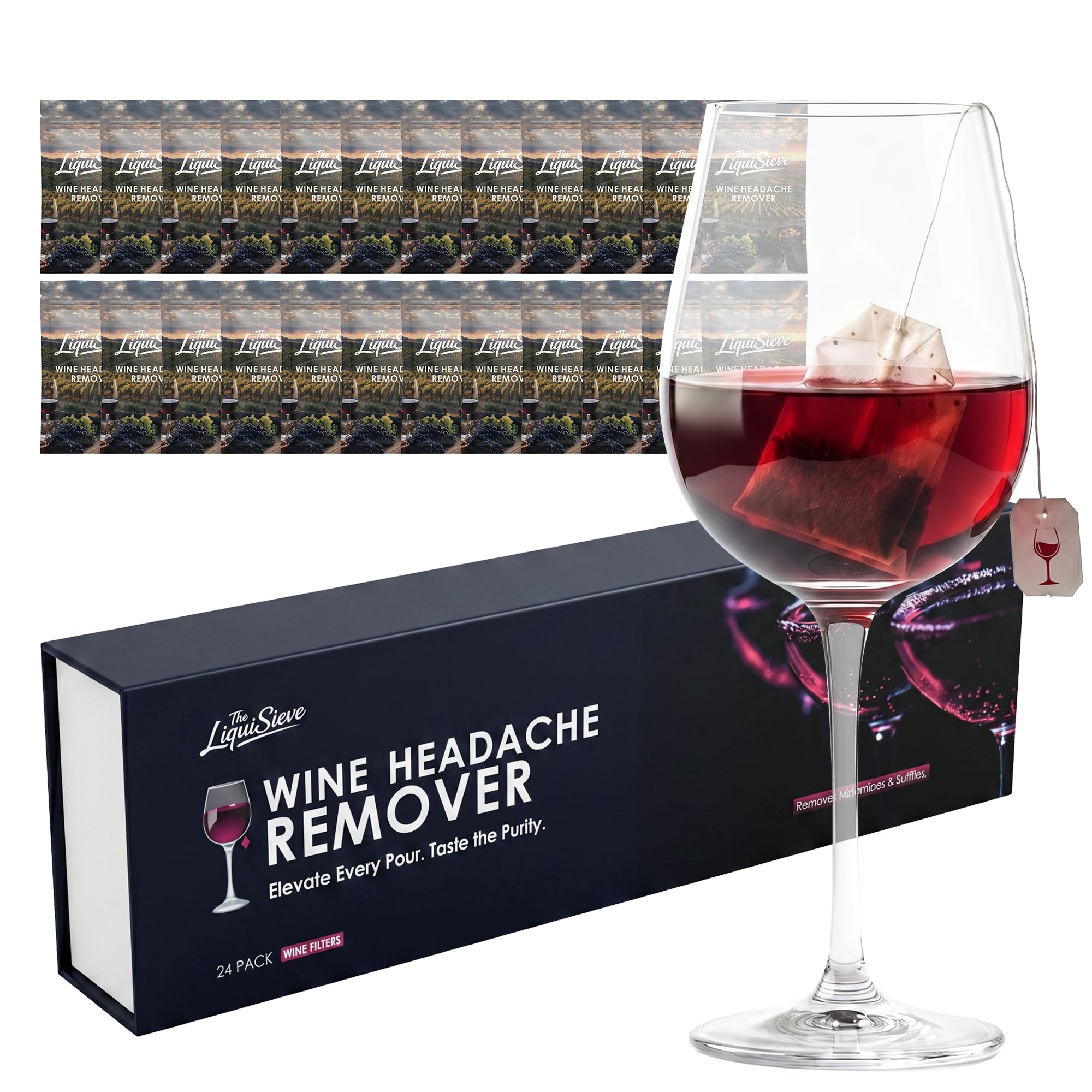 Paquete de 24 filtros de vino para vino tinto y blanco, filtros purificadores de vino, histaminas, sulfitos y taninos, varillas de filtro envueltas individualmente, accesorios de vino portátiles para