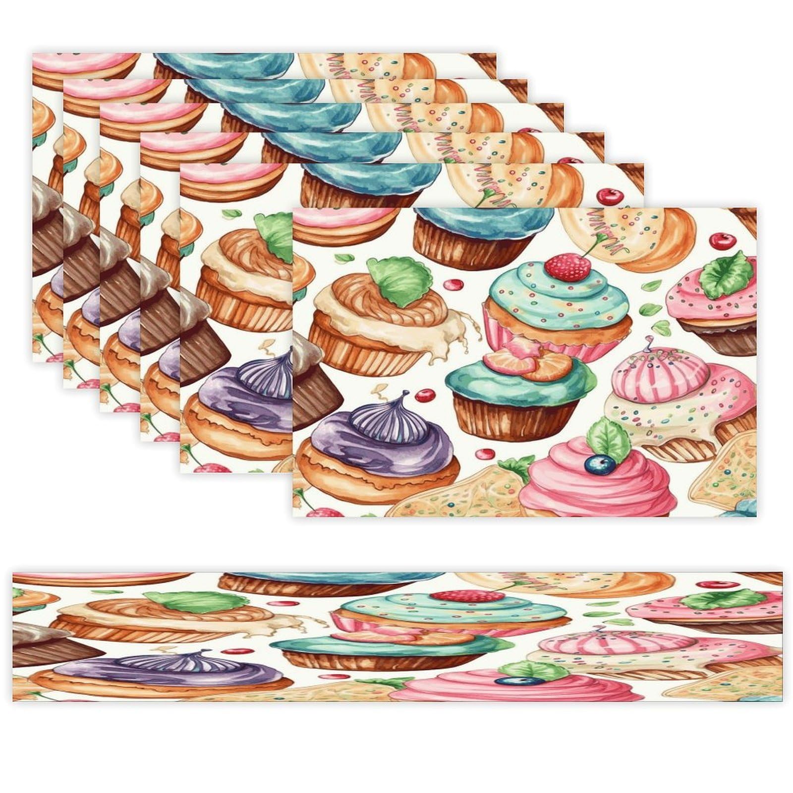 Cupcakes Donuts Muffins Sugar Table Runner and Placemats Set of 6 for Kitchen Washable Table Mats Heat Resistant Place Mats Non-Slip Place Mat Wipeable Placemat(6 Placemats+1 Table Runner)