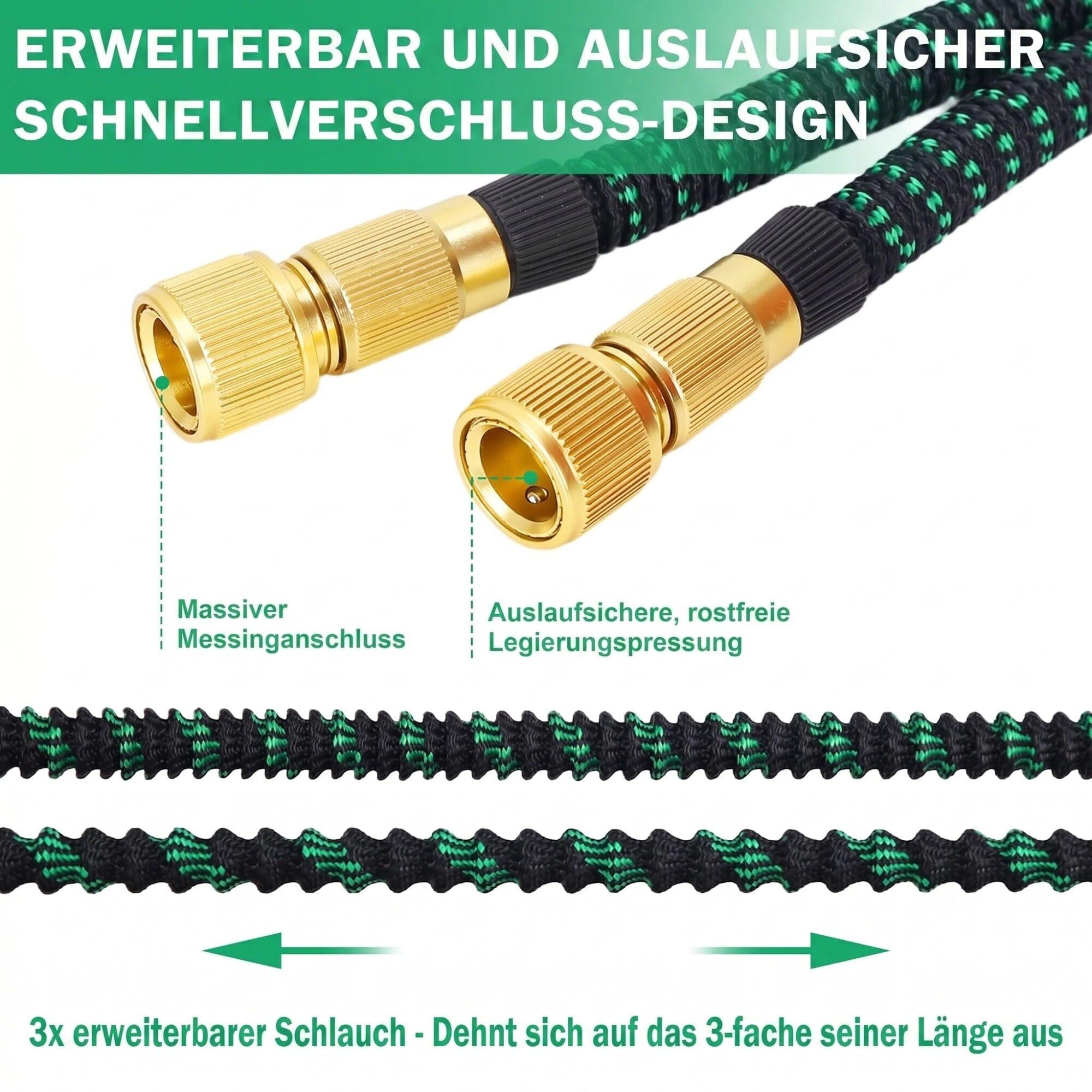 Ausziehbarer Gartenschlauch, Gartenschlauch mit 10 Funktionsdüsen, leichter elastischer Schlauch mit 3/4-Zoll- und 1/2-Zoll-Metallanschlüssen für Gartenbau Autowäsche und Bewässerung（75FT)