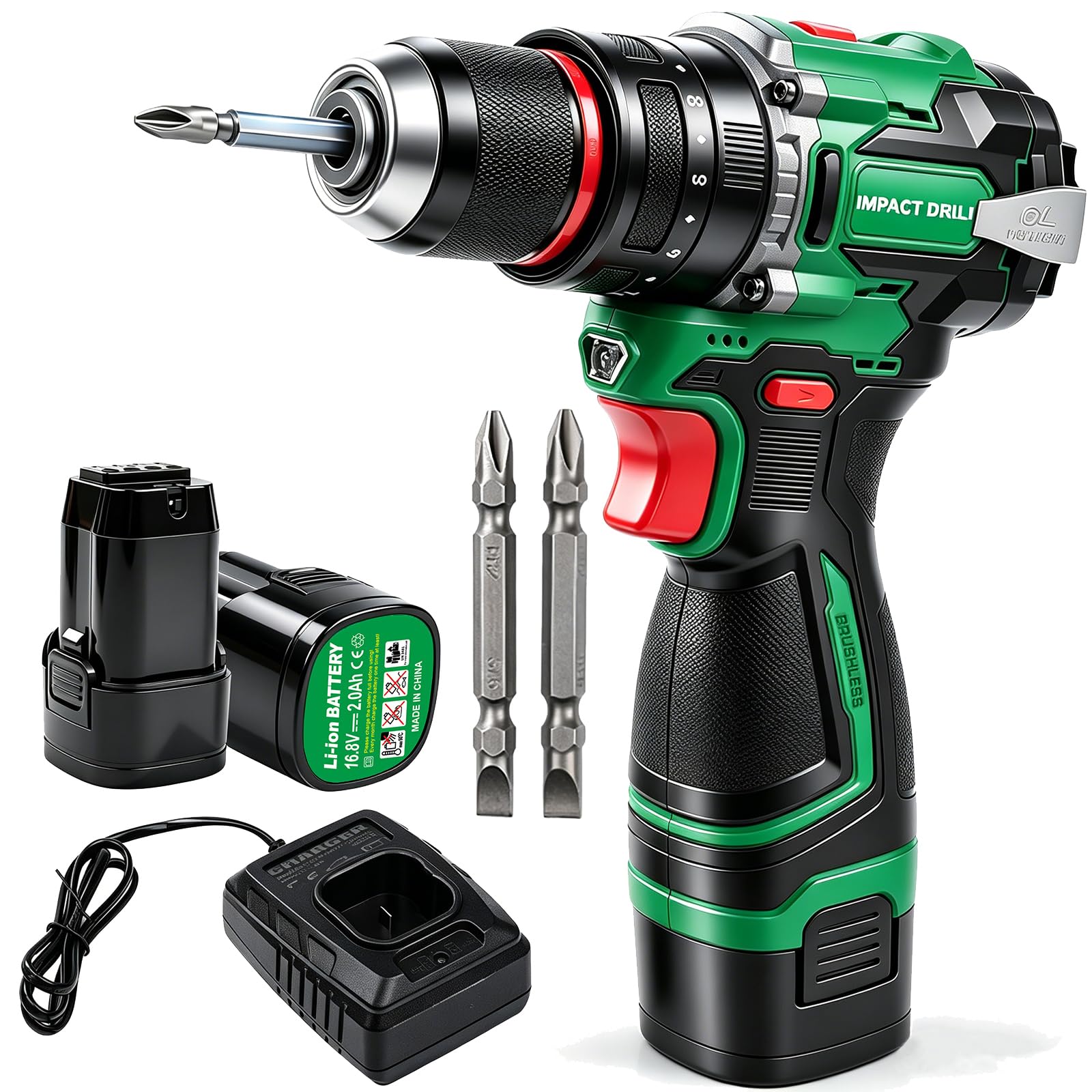 Trapano Elettrico A Percussione Senza Fili, Cacciavite Elettrico Con Coppia Regolabile, Mandrino Universale da 3/8 Pollici con 3 Punte+2 Batterie, per Foratura Del Calcestruzzo, Riparazioni Quotidiane