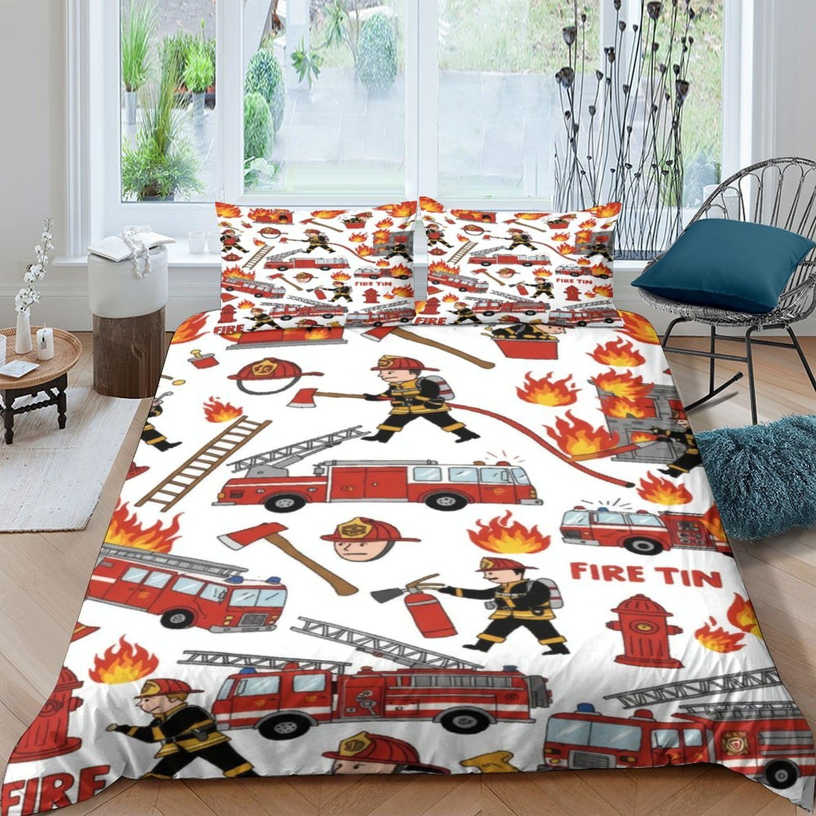 TUFRTGYHN 3D Printed Fire Truck Duvet Cover Microfiber Soft Breathable Firefighter Bedding Set with 2 Pillowcases for Bedroom Decor Single（135x200cm）