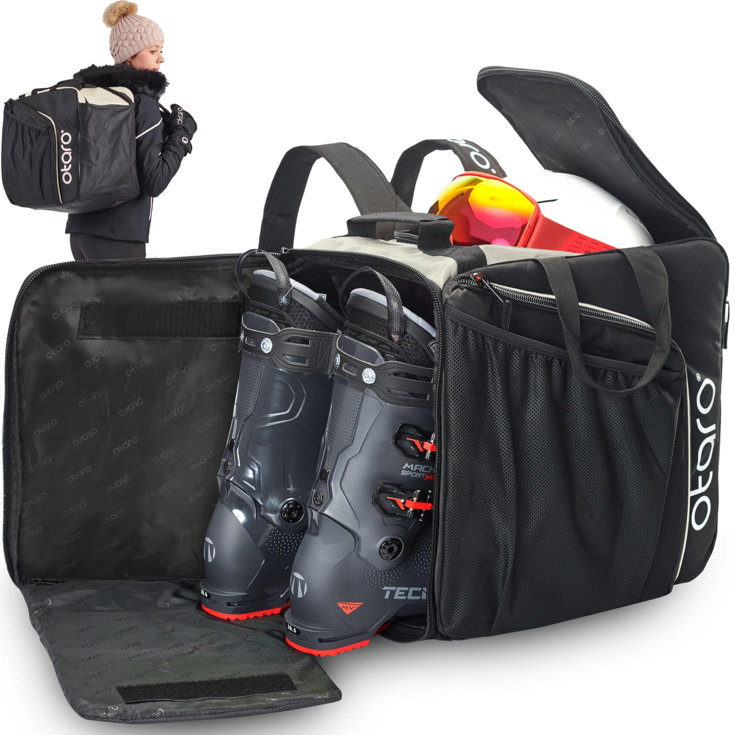 Otaro Premium Skischuhtasche mit Helmfach XL | Innovative Raumaufteilung & Hochwertige Verarbeitung |Deutsches Start-Up Unterstützen! Nie Mehr Chaos beim Skiequipment - Skischuhe-Tasche-Skitasche-Ski