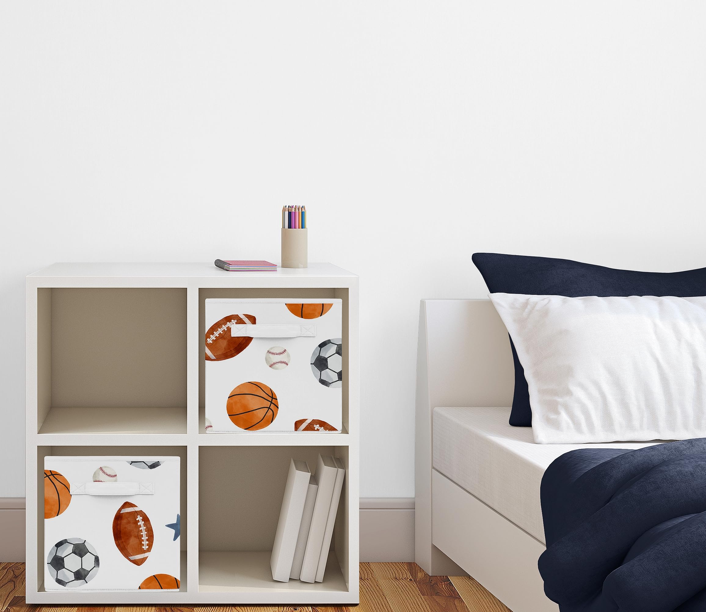 Sweet Jojo Designs Sports Theme Boy Collapsible Fabric Storage Cubes Foldable Bins Organizer Boxes Kids Baby Childrens Toys Set of 2 - Watercolor Soccer Balls Football Baseball Basketball Blue Stars