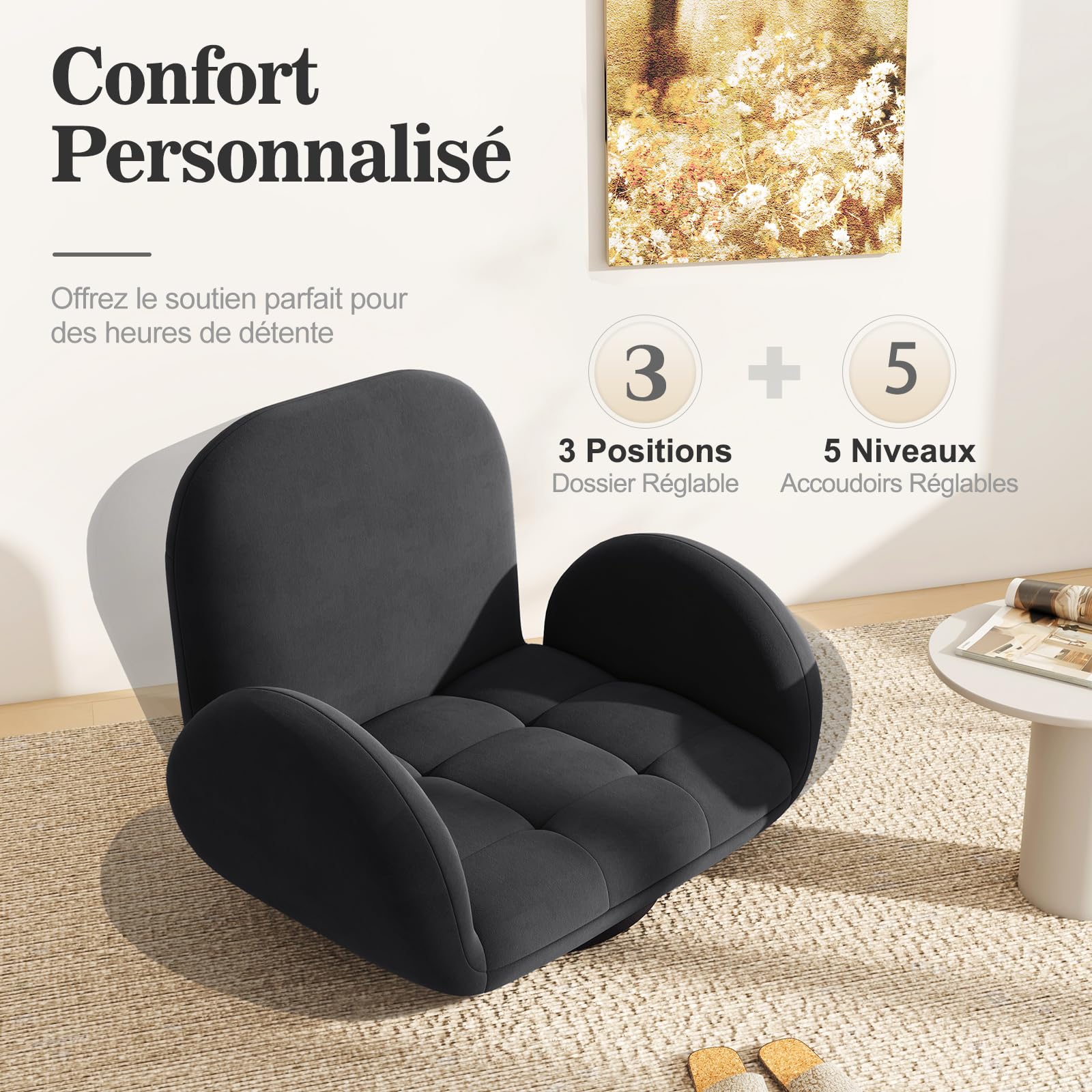 COSTWAY Chaise de Sol Pivotante, Chaise de Jeu Pliante avec Dossier et Accoudoirs Réglables, Fauteuil de Sol Inclinable, Fauteuil de Sol Pliant et Pivotant, pour TV, Lecture, Jeux Vidéo (Noir)