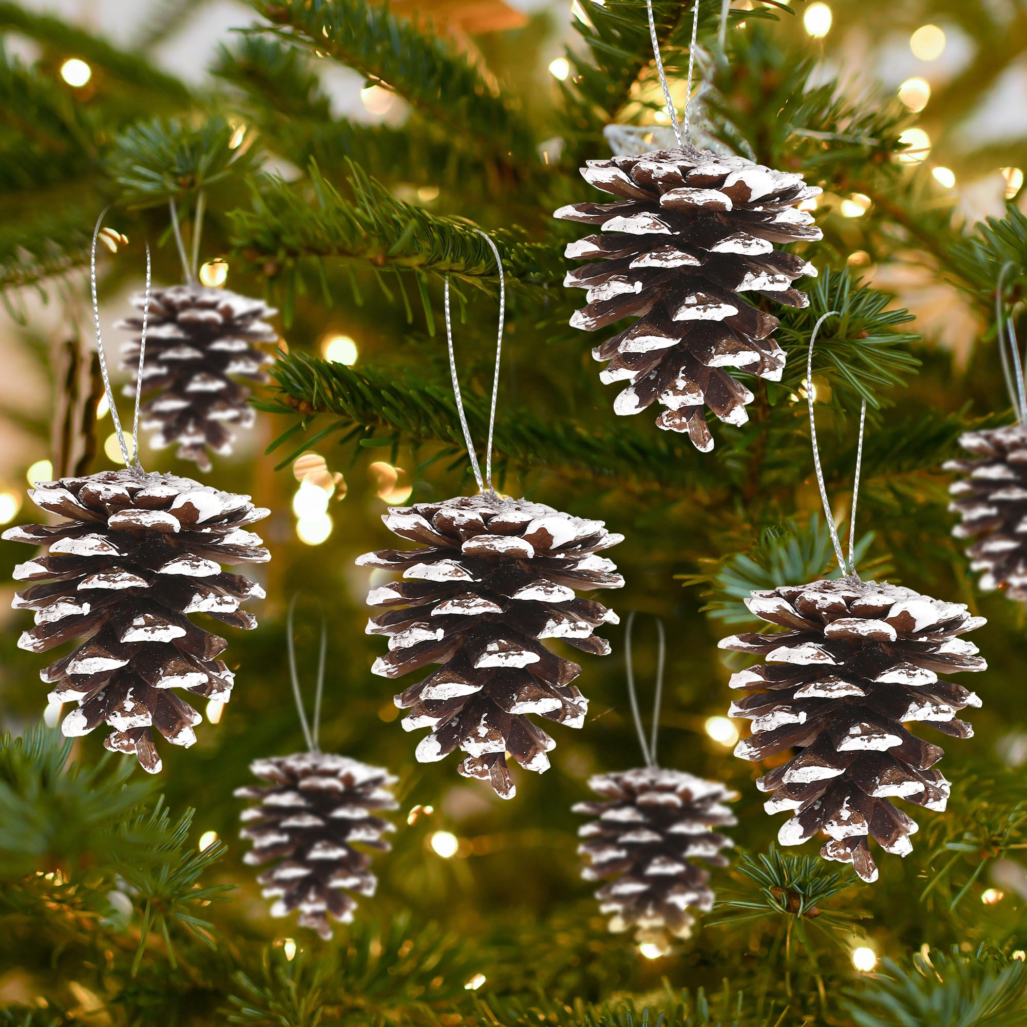 Tannenzapfen, natürliche Tannenzapfen, 5 cm, Tannenzapfen zum Basteln, Tannenzapfen für Weihnachtsbaum, hängende Tannenzapfen, Dekorationen mit silberfarbener Schnur für Weihnachtstischdekorationen,