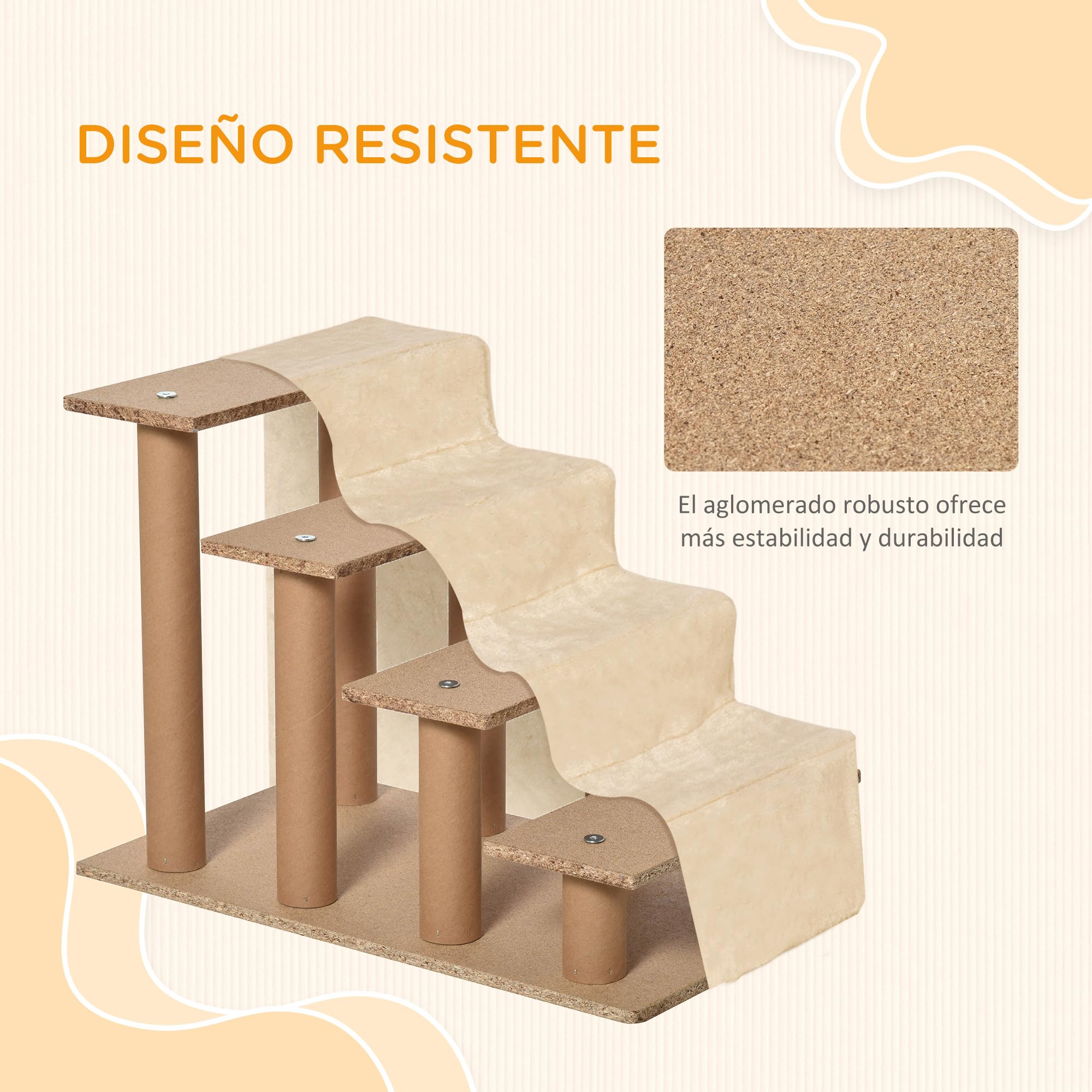 PawHut Escalera para Perros de 4 Peldaños Escalera para Mascotas con Funda Extraíble y Lavable para Cama Sofá 60x35x44 cm Beige