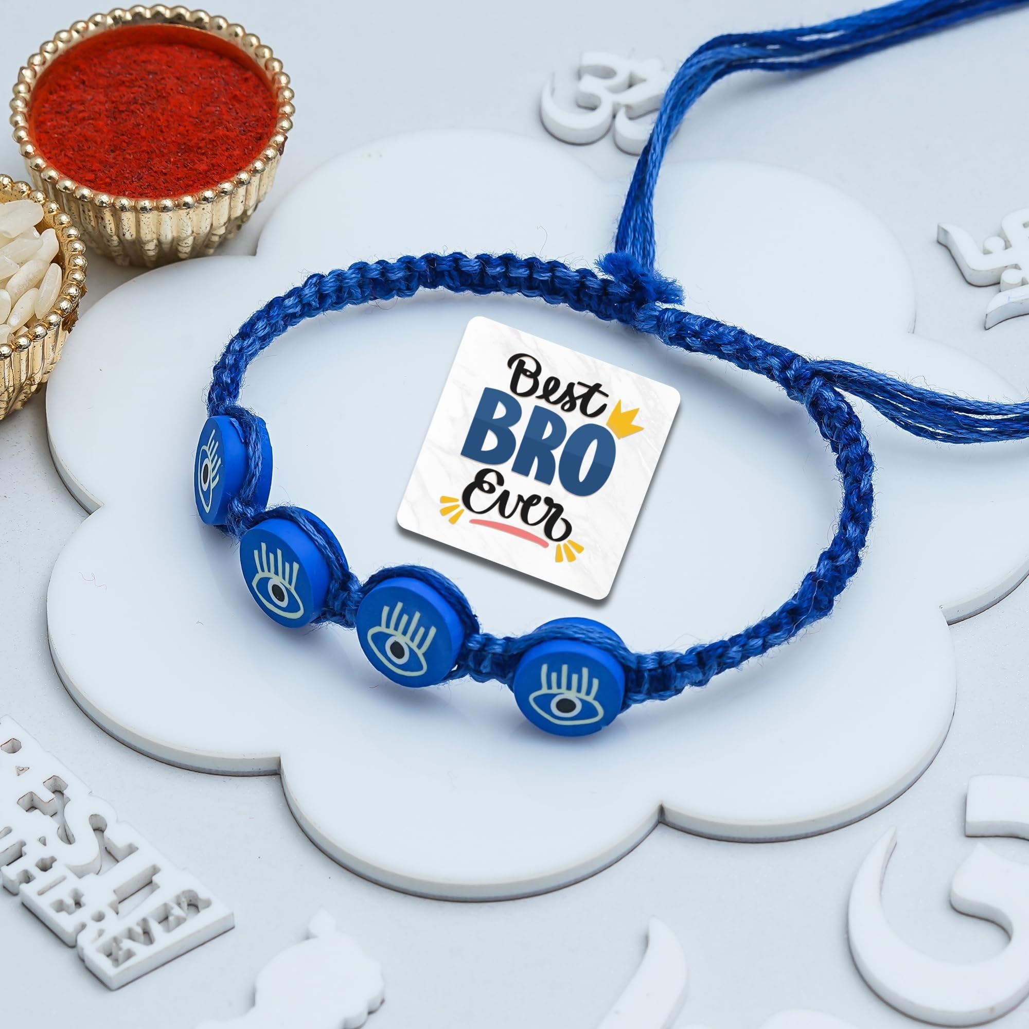 eCraftIndia Blue Evil Eye Rakhi with Best Bro Ever Fridge Magnet | Rakhi for Brother Bhaiya Bhai | Roli Chawal Pack