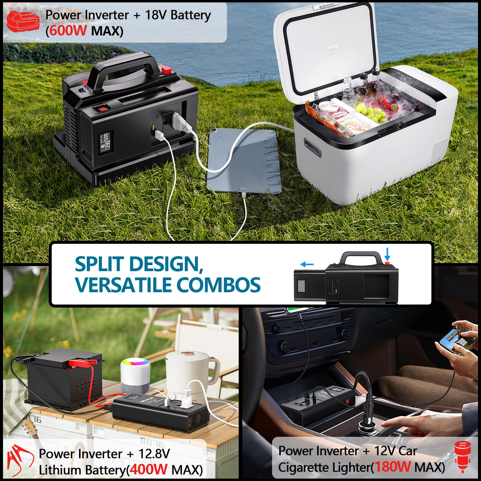 Adisipsoarin 500W Wechselrichter mit Reiner Sinuswelle für Bosch 18V Batterie (ohne Batterie), 18V auf 230V Spannungswandler, mit Dual-USB-Anschluss und EU-Steckdosen, Inverter (2-Ports)