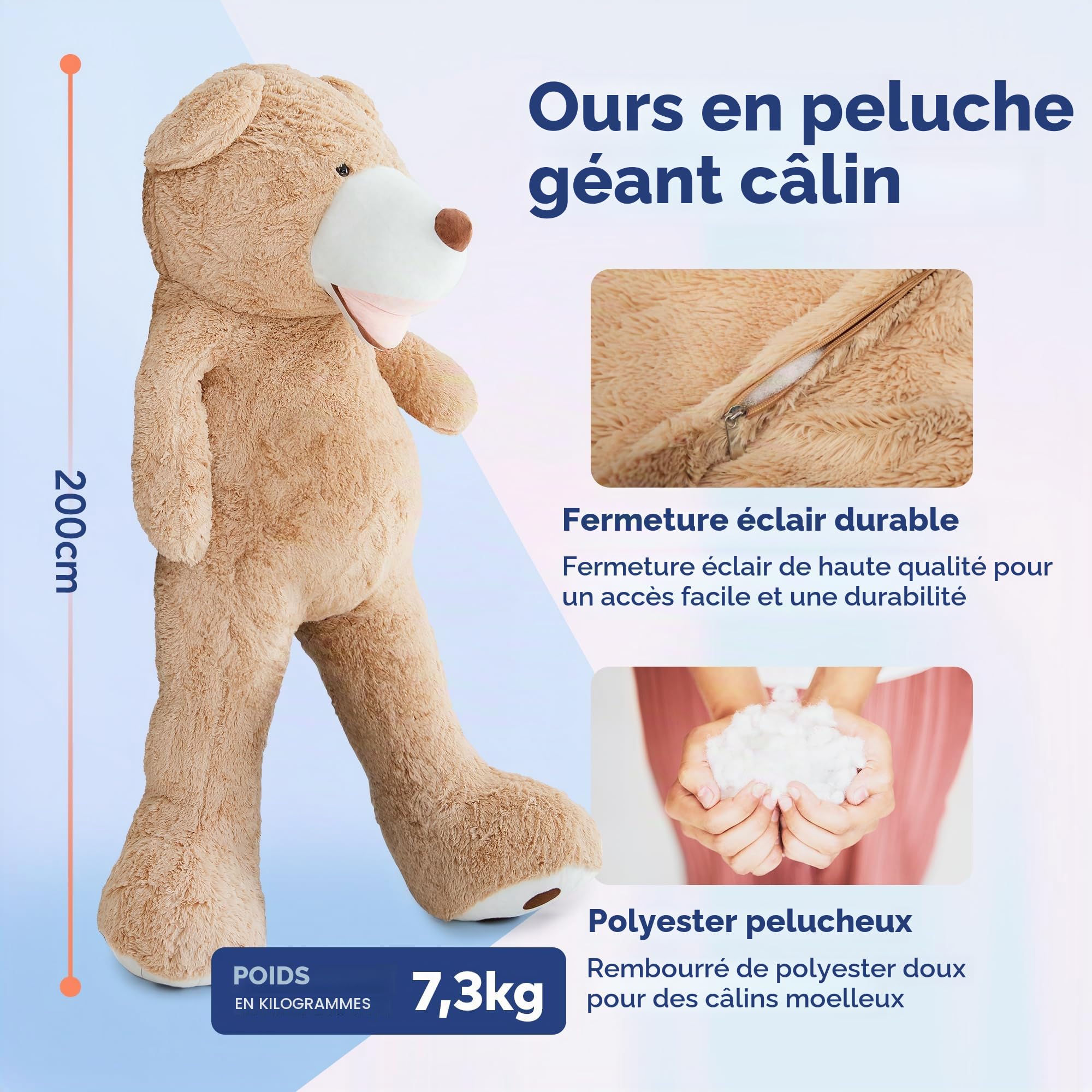 MKS XXL Ours en peluche 200 cm – Énorme peluche pour enfants et adultes – Doux jouet XXL en peluche à câliner – Grand ours en peluche comme cadeau pour anniversaire et Saint-Valentin – Moelleux et
