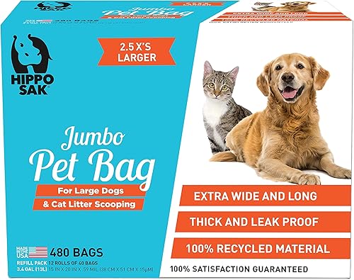 Hippo Sak Bolsas extra grandes para excrementos de mascotas para perros grandes y arena para gatos, 480 unidades