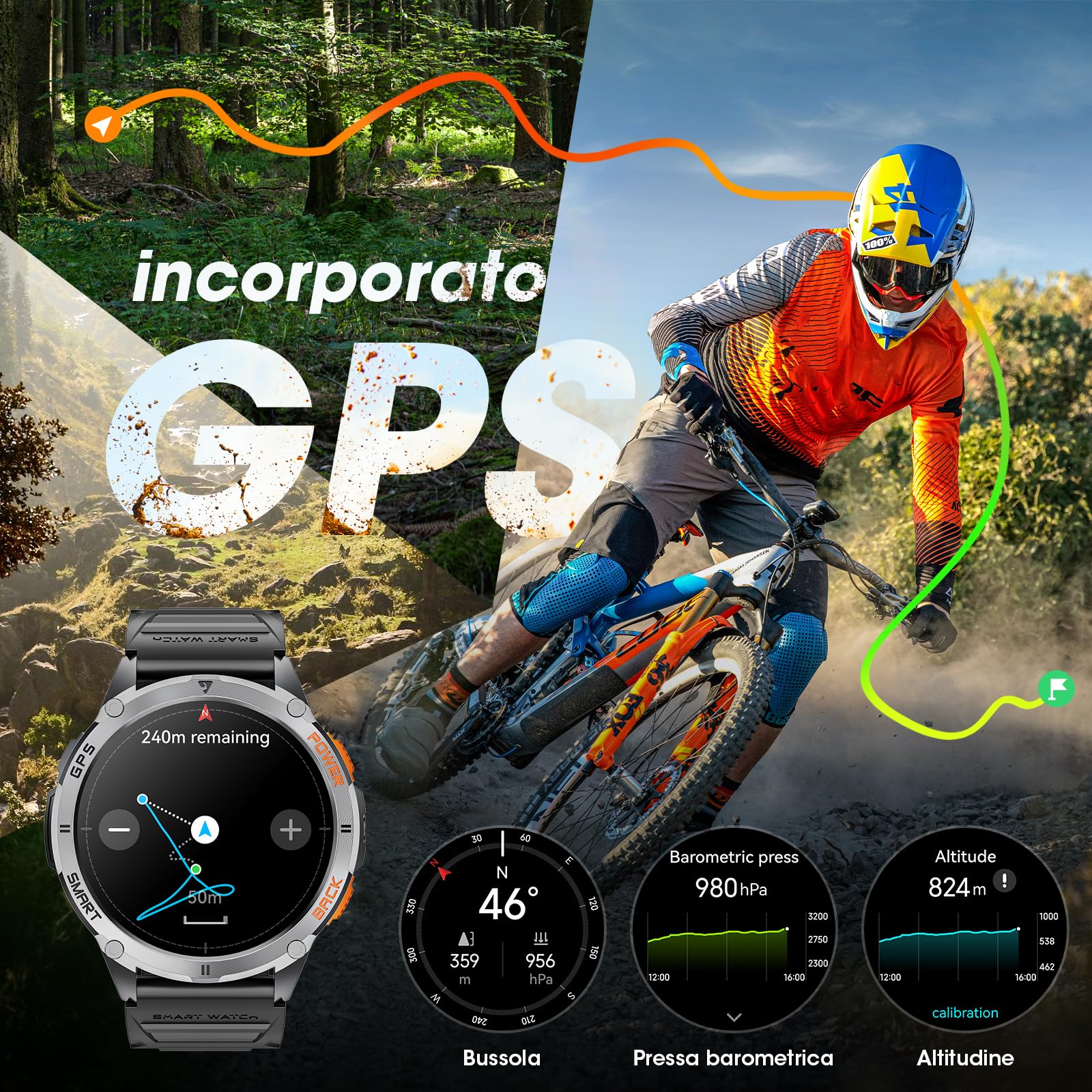 gps uhr mountainbike Smartwatch Herren, 1,43