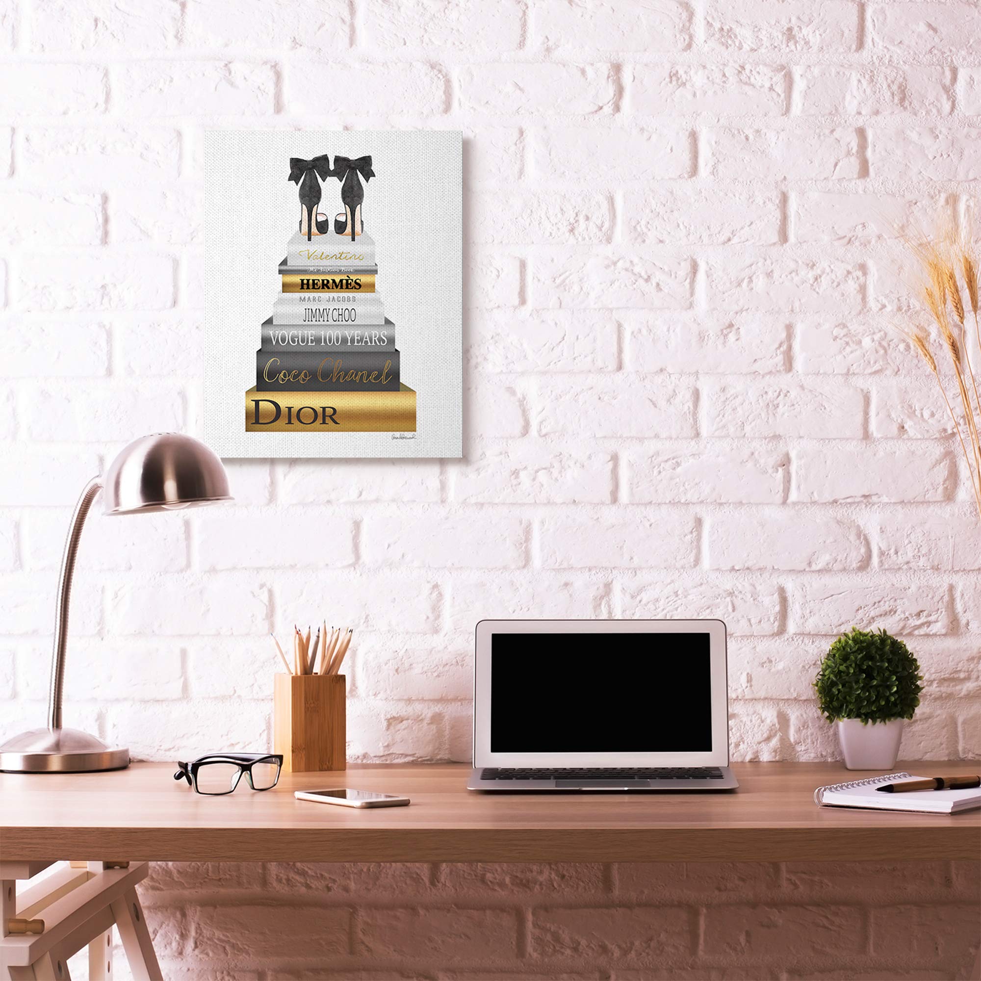 Stupell Industries Fashioner Shoes Bookstack Black Gold Watercolor, Design by Artist Amanda Greenwood Wall Art, 24 x 30, Canvas