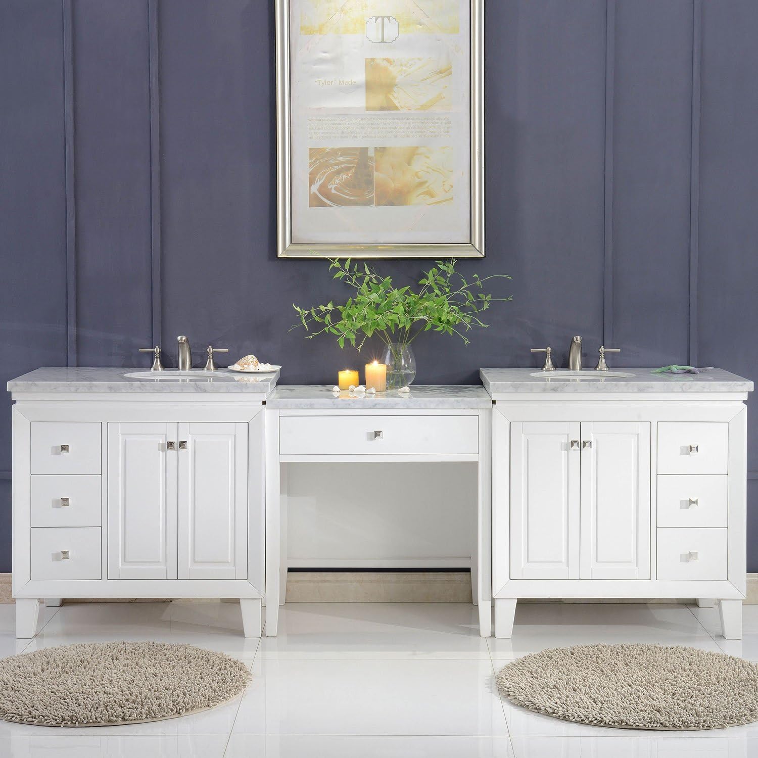 Silkroad Exclusive Bathroom Vanity Carrara White Marble Top Single Sink Cabinet, 103"