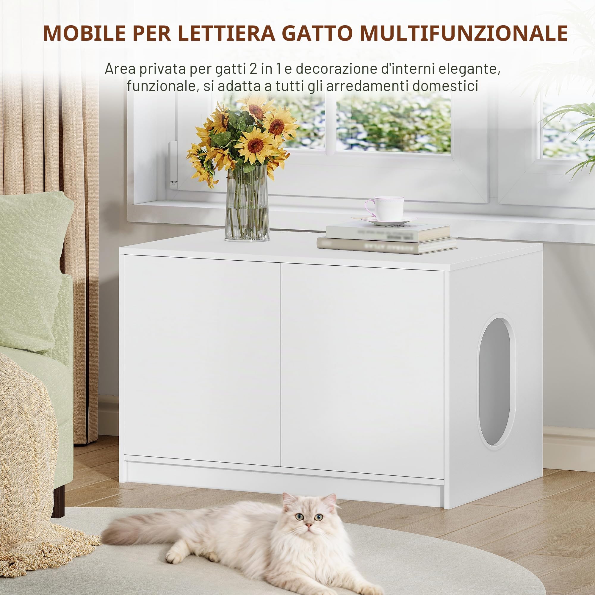 Mobile Lettiera per Gatti, 80 x 50 x 51,5 cm, Bianco | Mobile Nascosto per Lettiera con Ante Apribili a Pressione e Fori di Ventilazione, Casetta in Legno per Gatti, Minimalista