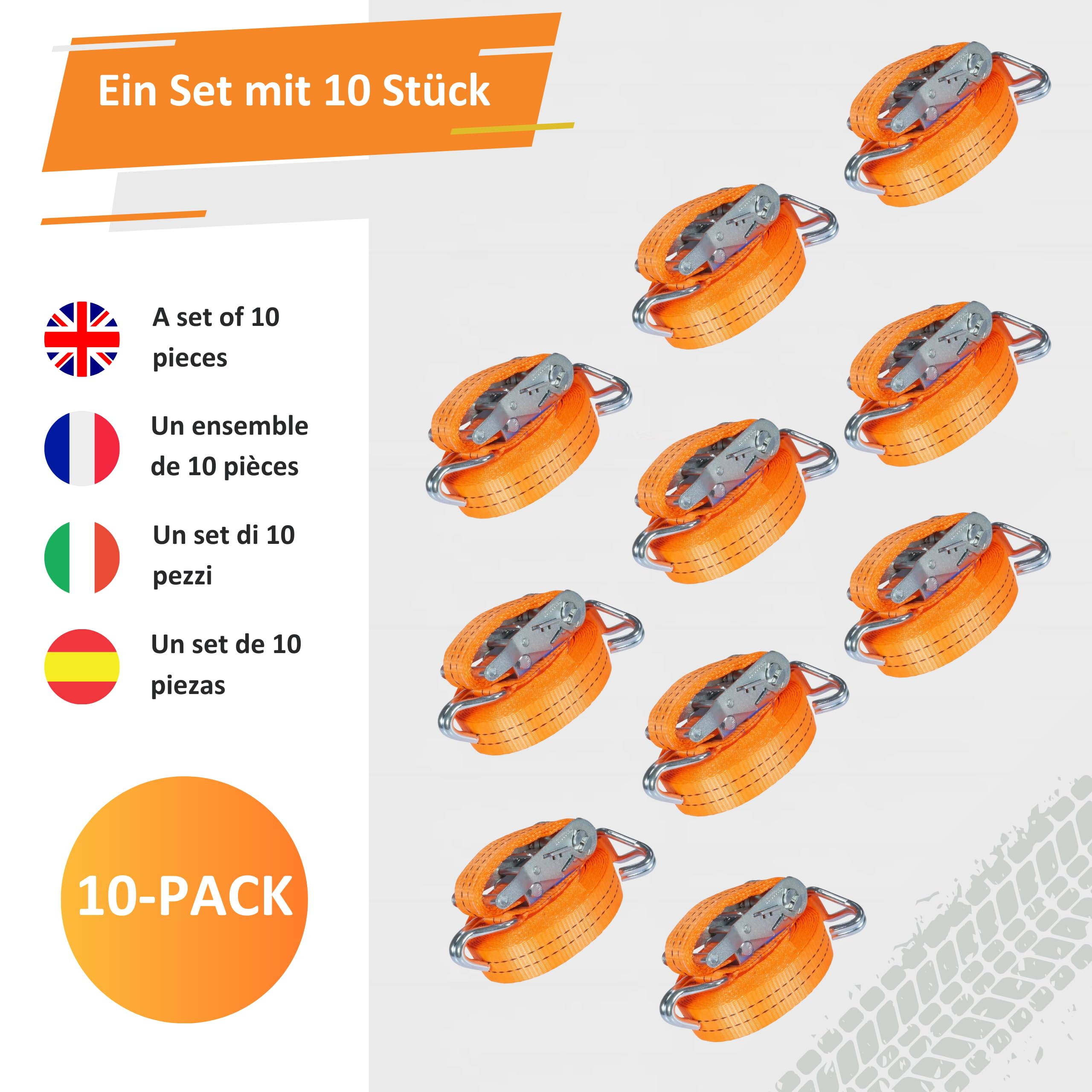 Pasy Transportowe 4m x 2000kg x 35mm - Zestaw 10 Sztuk - Pas Mocujący z Napinaczem do Zabezpieczania Ładunku - Zgodny z DIN EN 12195-2