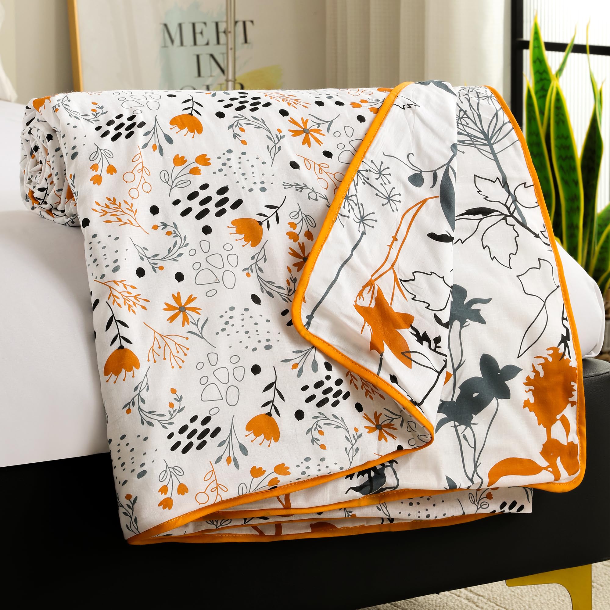 Story@Home Single Bed Dohar TC 144, 100% Pure Cotton AC Blanket for Summer,144x220cm 150gsm,Ac Quilt and Ac Comforter Single Bed, Yellow & White, Floral Pattern Cotton Duvet,All-Season Blanket