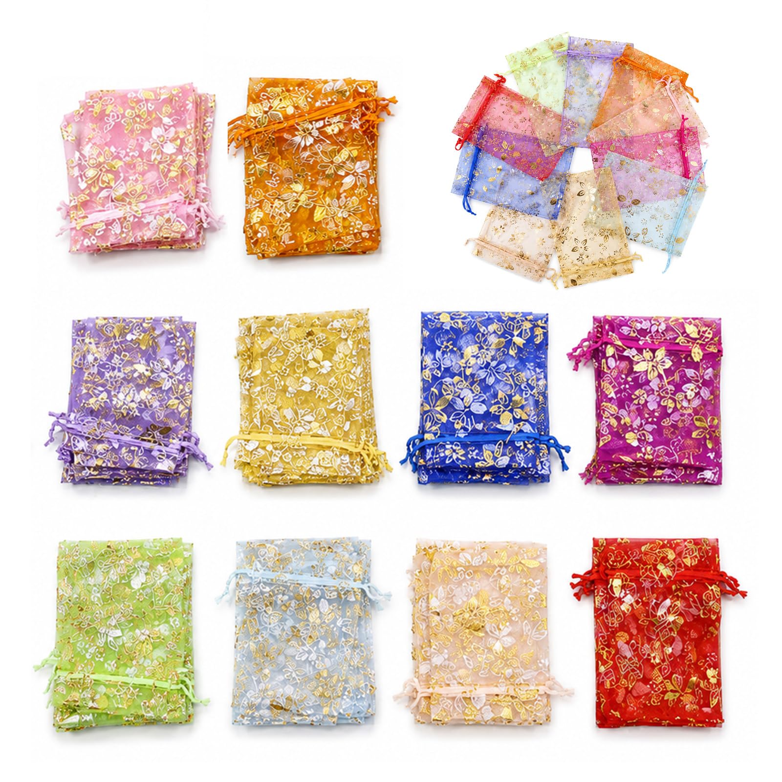 200-Pack Reusable Polyester Mesh Drawstring Bags – Mixed Color Organza Storage Pouches for Jewelry, Gifts, Candy & Packaging, 12×9 cm