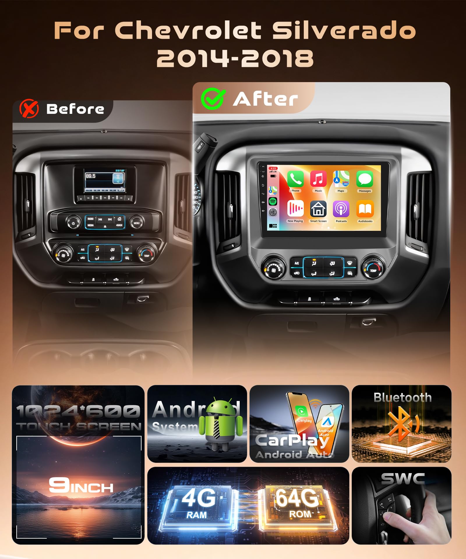 KYNNT 4G+64G CAR Radio for Chevrolet Chevy Silverado 2014-2018, Android Car Stereo Wireless CarPlay Android Auto, EQ, GPS Navigation WiFi, Bluetooth 10.1'' Touch Screen FM Backup Camera MIC