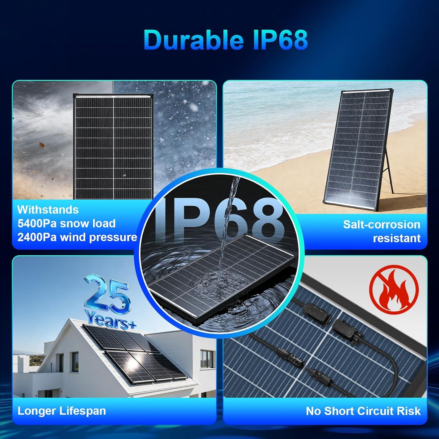 Panneau solaire 100W bifacial 12V, 18BB A+ module solaire monocristalline type N, 25% haute efficacité, IP68, 18V pour 12V Batterie toit camping-car ferme marine hors réseau domestique(101x46cm)