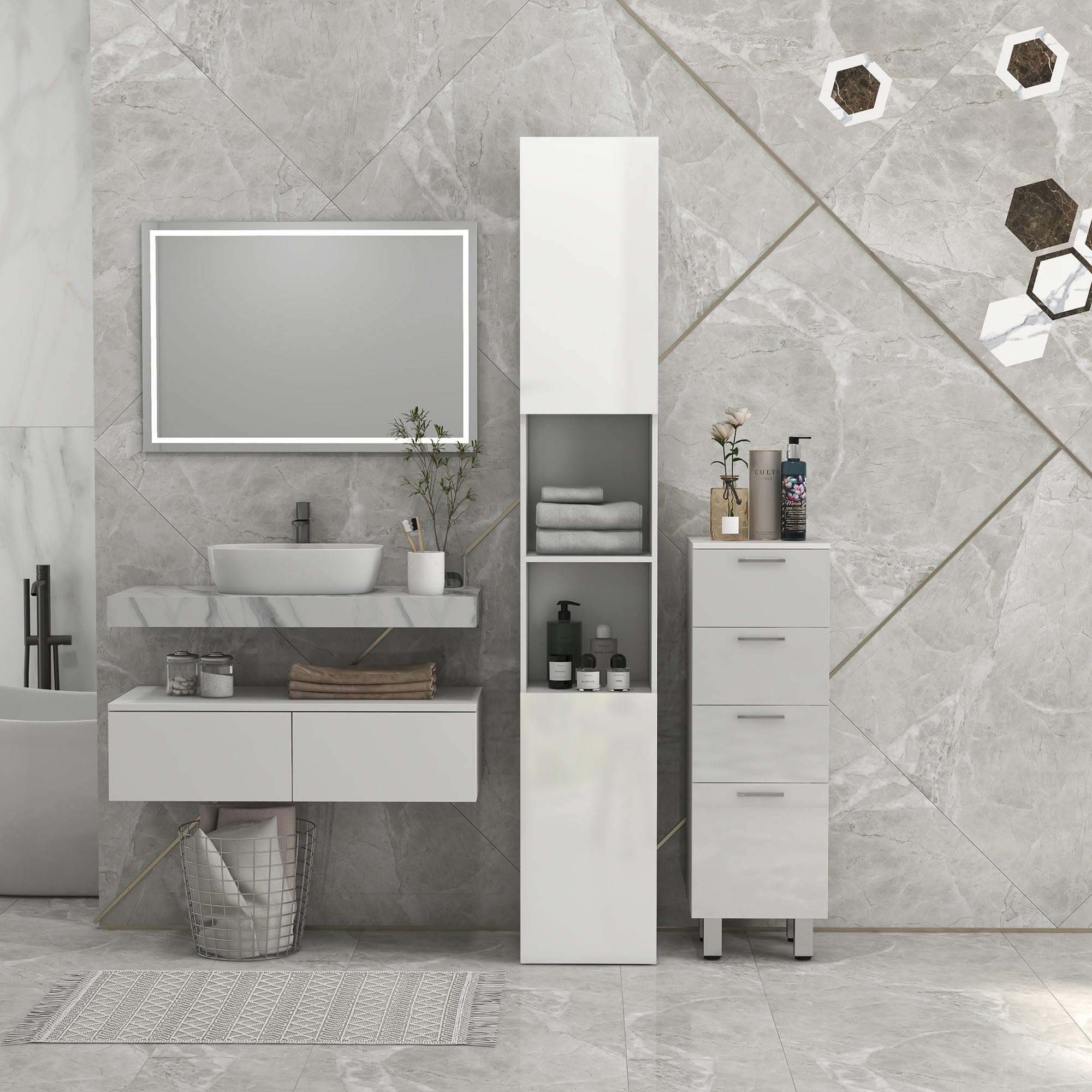kleankin Meuble colonne de salle de bain, armoire de rangement haute, finition brillante, étagères réglables, 2 placards et 2 niches, étagère de rangement pour salle de bain, 30 x 30 x 181,5 cm, blanc