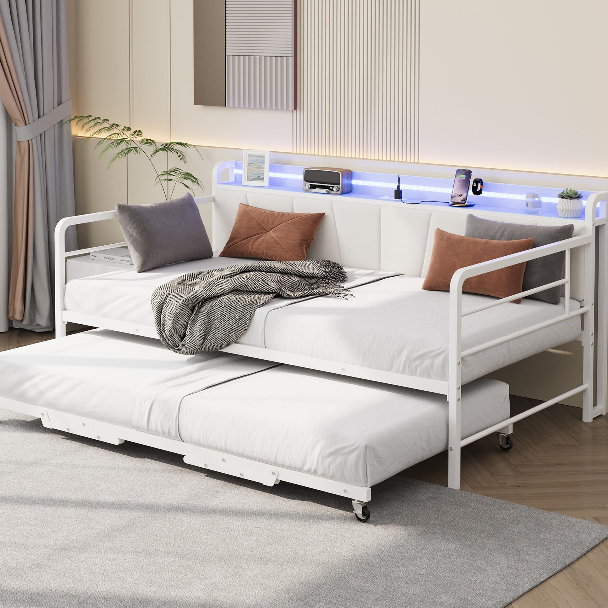 View 1 of **parts only** IDEALHOUSE Daybed with Trundle Bed, Twin Bed Frame with Linen Upholstered Storage Headboard & Charging Station and LED Light, Heavy Duty Metal Day Bed Pop Up Trundle Bed for Living Room,Bedroom, White