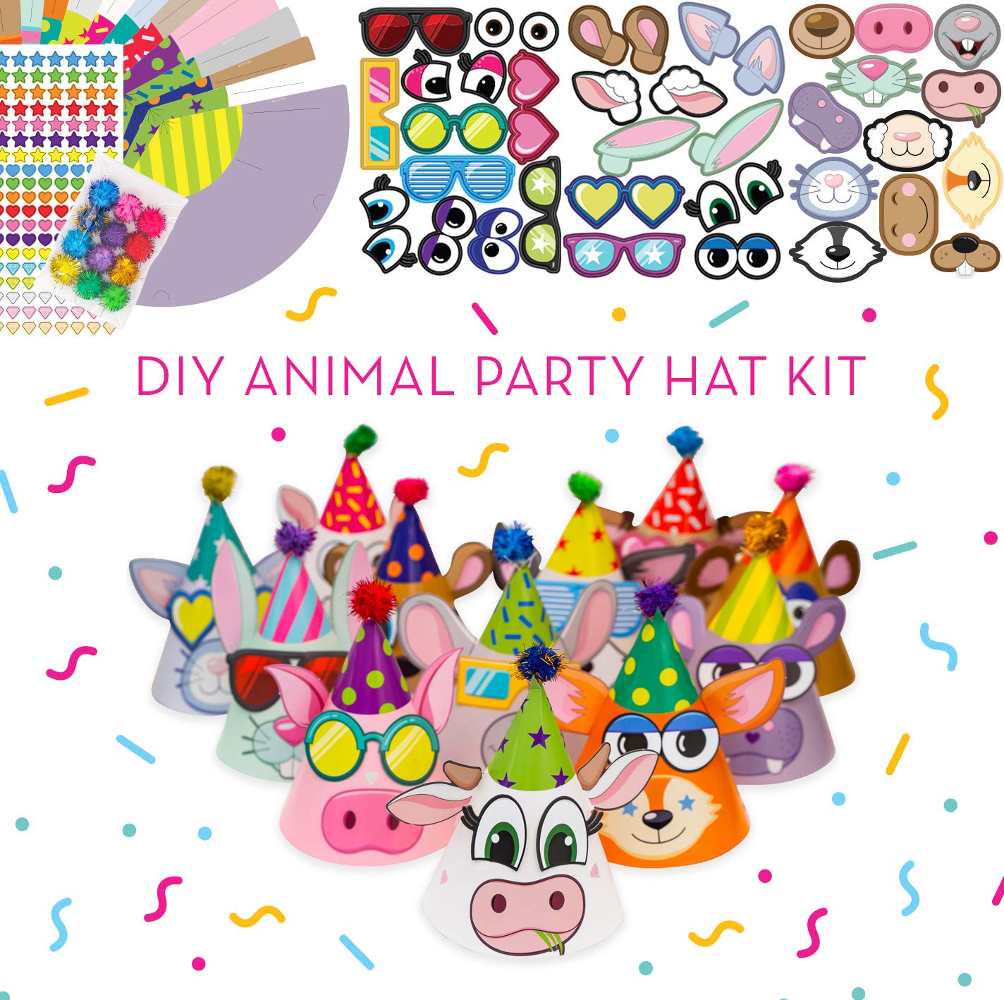 Crafty Critters Party SuppliesDIY Animal Party Hats, 12 Pack, Unisex Kids' Birthday & New Year Party Hats