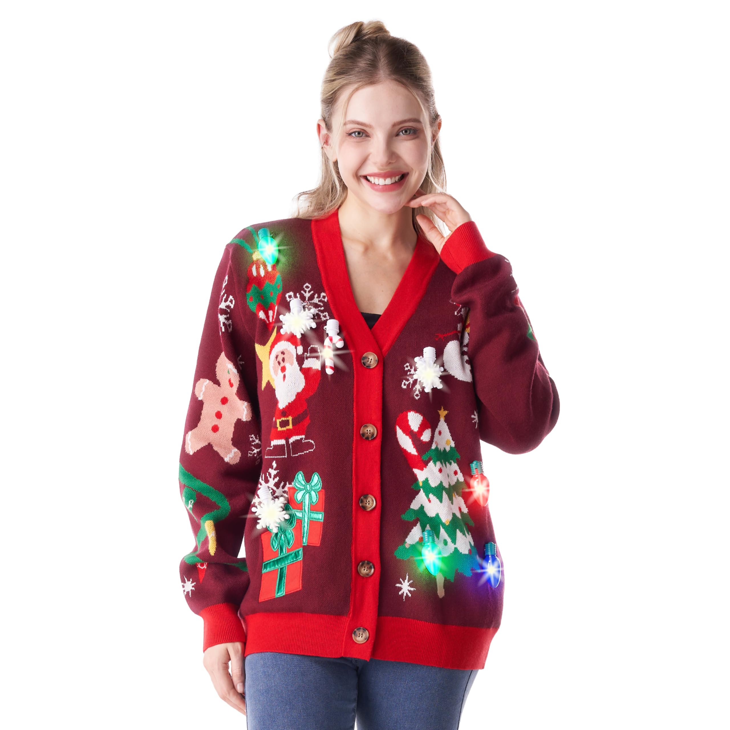 Giggling Getup Maglione natalizio da donna, maglione brutto luminoso, divertente maglione natalizio
