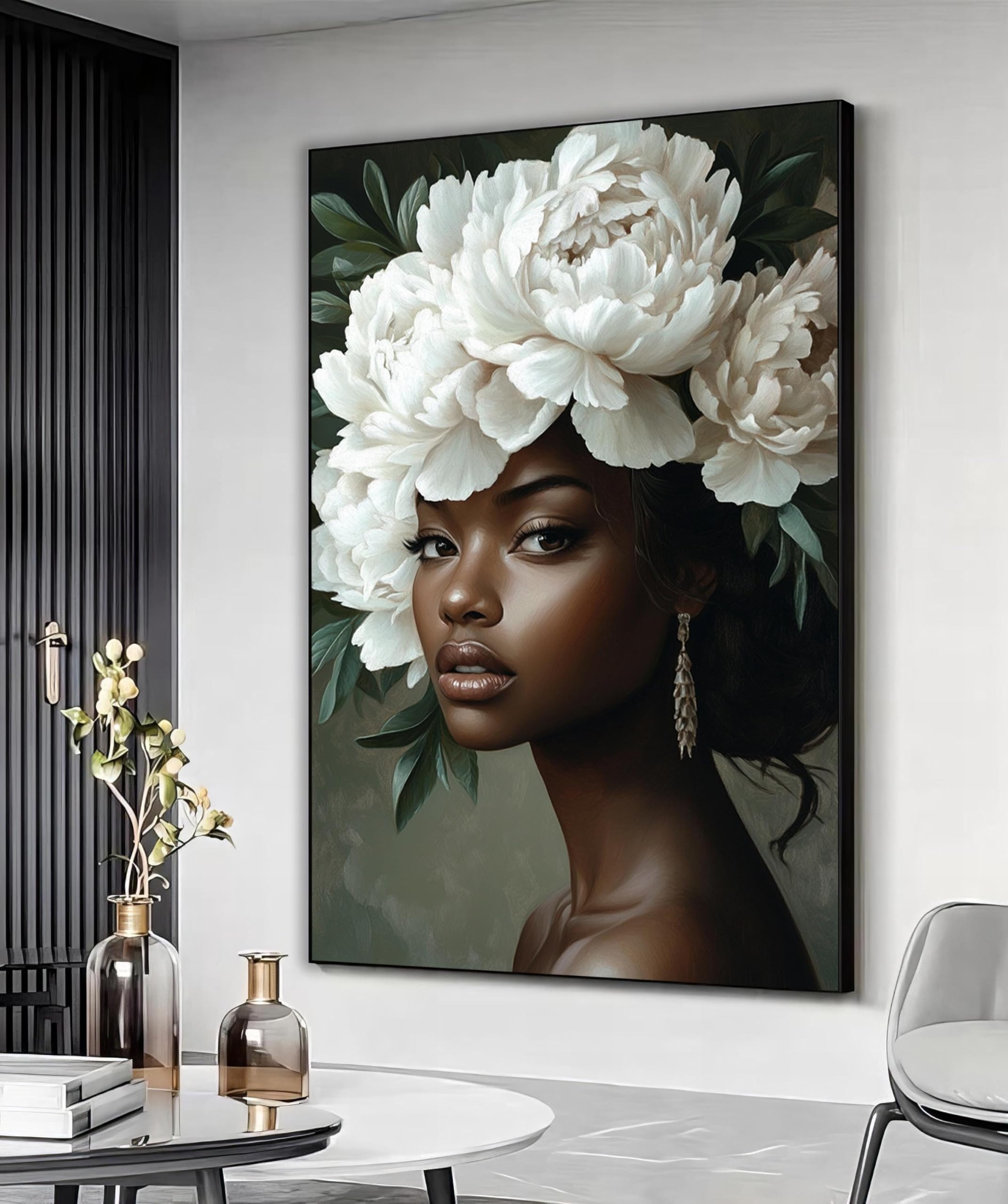 XBTYKPB Black Woman White Flowers Canvas Print,Woman Wall Art, White Flowers Art Head Wall Decor, Ready To Hang Woman Canvas Art(21x30cm/Frameless)