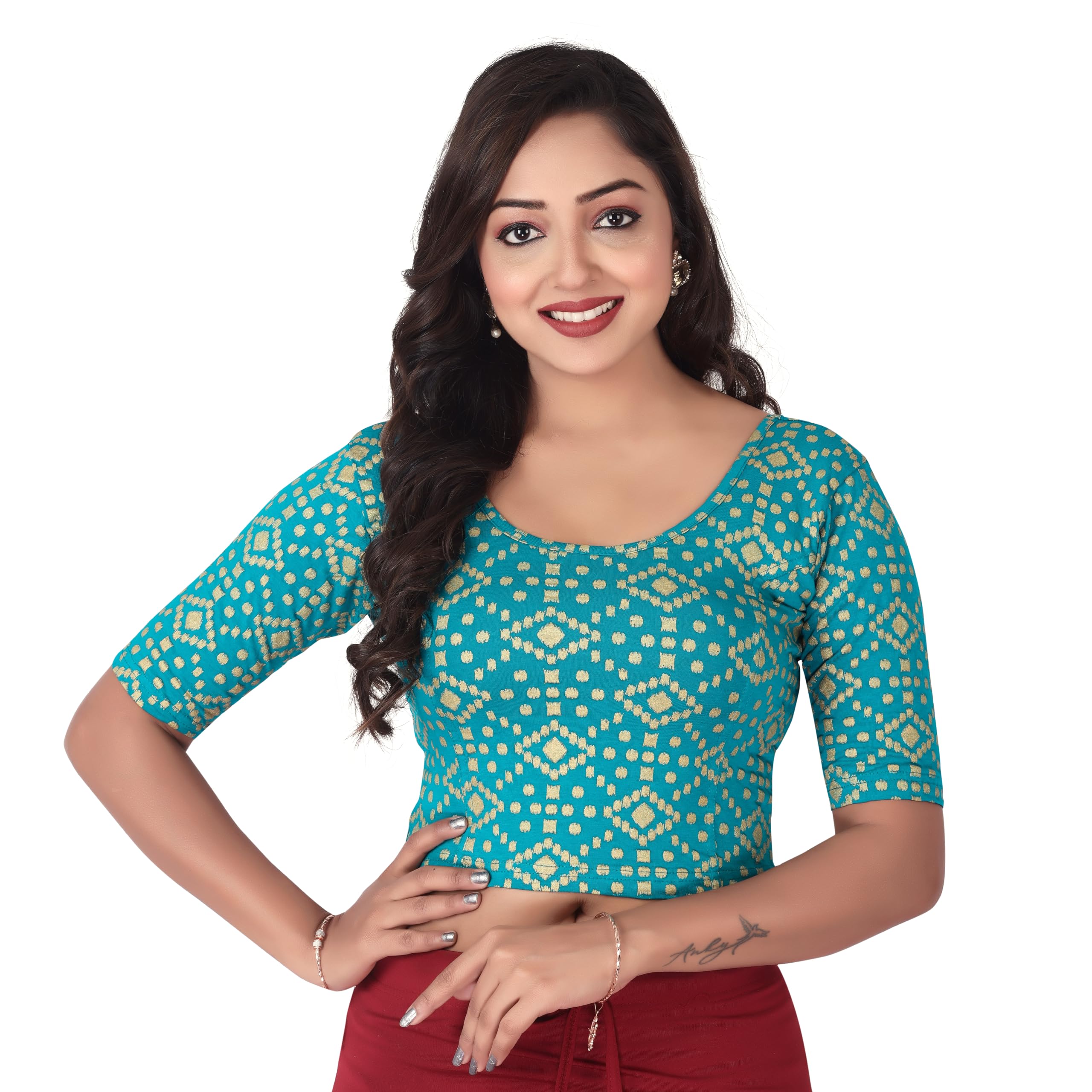 desi girl Round Neck Cotton Saree Ready to Wear Regular Fit Saree Blouse for Women | Stretchable and Stylish Readymade Blouse Perfect for Saree, Lehenga, Skirts, Pants| Elbow Length Sleeves-picture-50