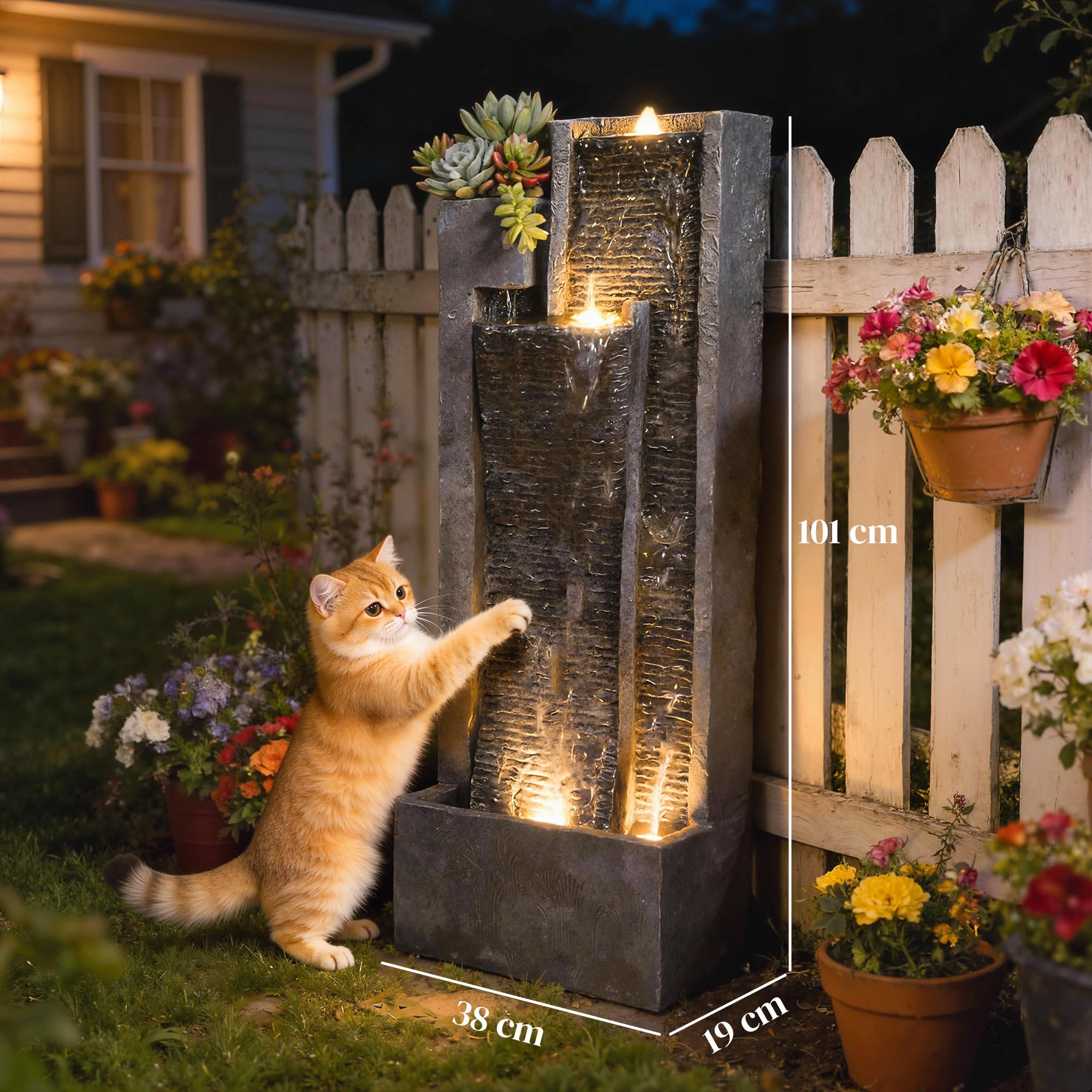 Outsunny Fontaine de Jardin extérieure Cascade 3 Niveaux - Fontaine Eau avec jardinière et Mur d'eau Moderne - 101 cm Grande décoration terrasse Zen Lumineuse 24 LED Gris