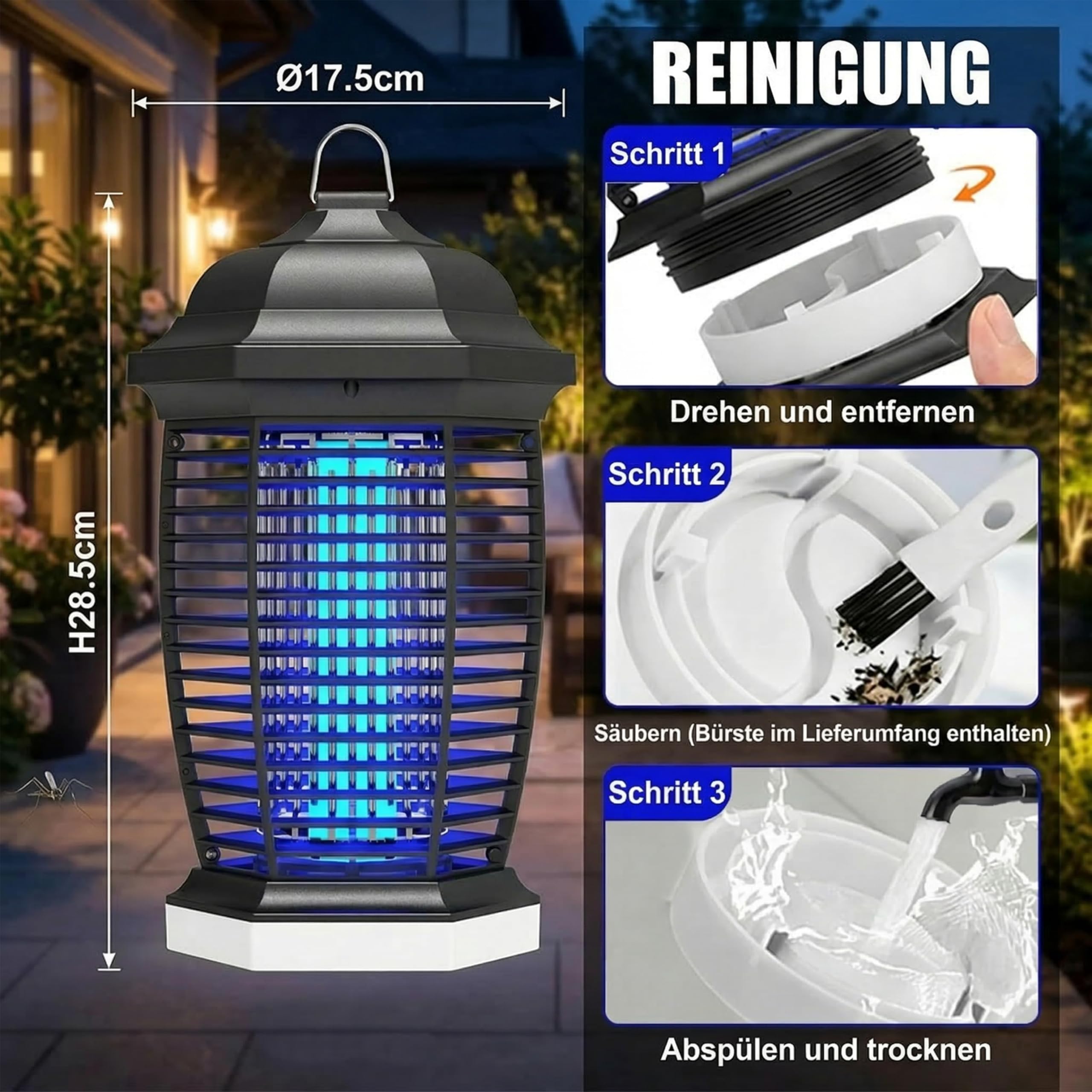 seenlast Insektenvernichter Elektrisch 4000V, 18W UV-Lampe Stark Elektrischer Insektenfalle Mückenlampe,Elektrische Fliegenfalle Mückenfalle Mückenabwehr für Garten Innen und Aussen (1,8M)