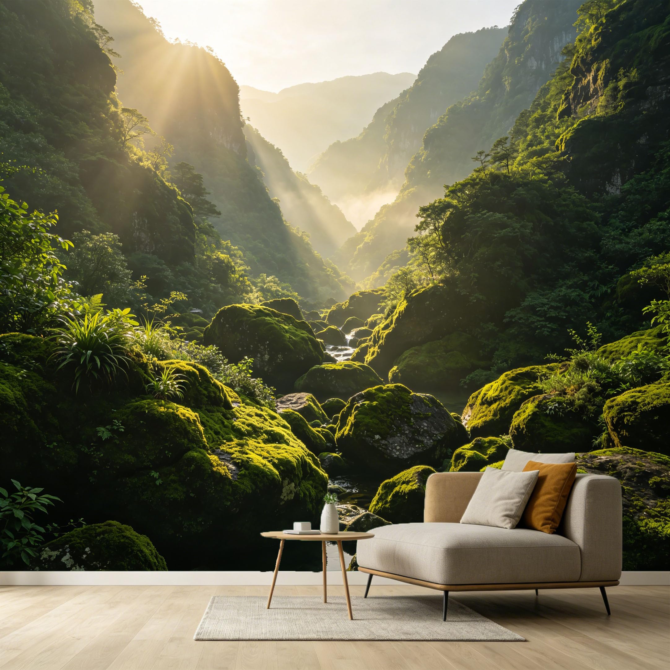 Custom Size Wall Murals Sunbeams Mountain Valley Rocks Stream Landscape SelfAdhesive Wall Fabric Removable Large Wallpaper for Photo Living Room Interior Wall Decor Mural