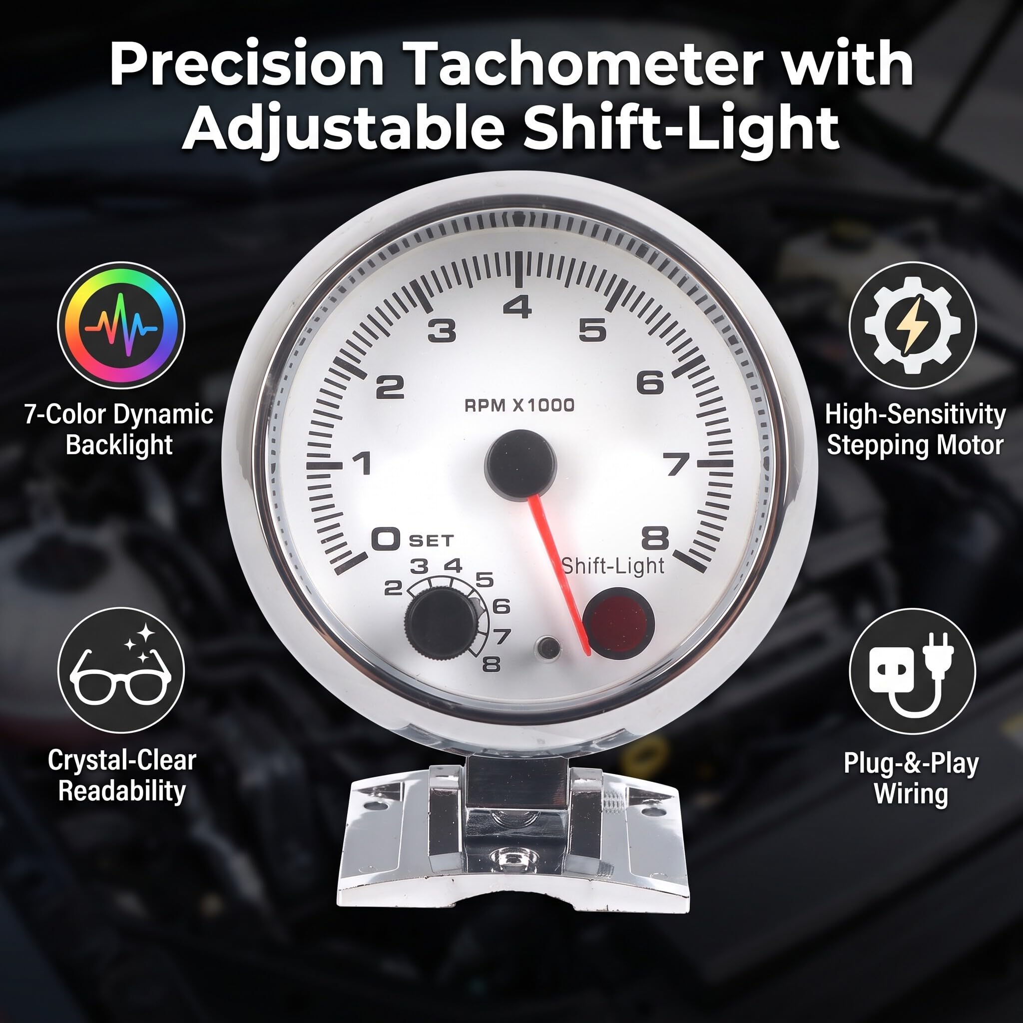 Photo 1 of Automotive 3.75in Tachometer Gauge, 0-8000 RPM Speedmeter With 7 Backgrounds for Most 4/6/8 Cylinder 12V Gasoline Powered Vehicles
