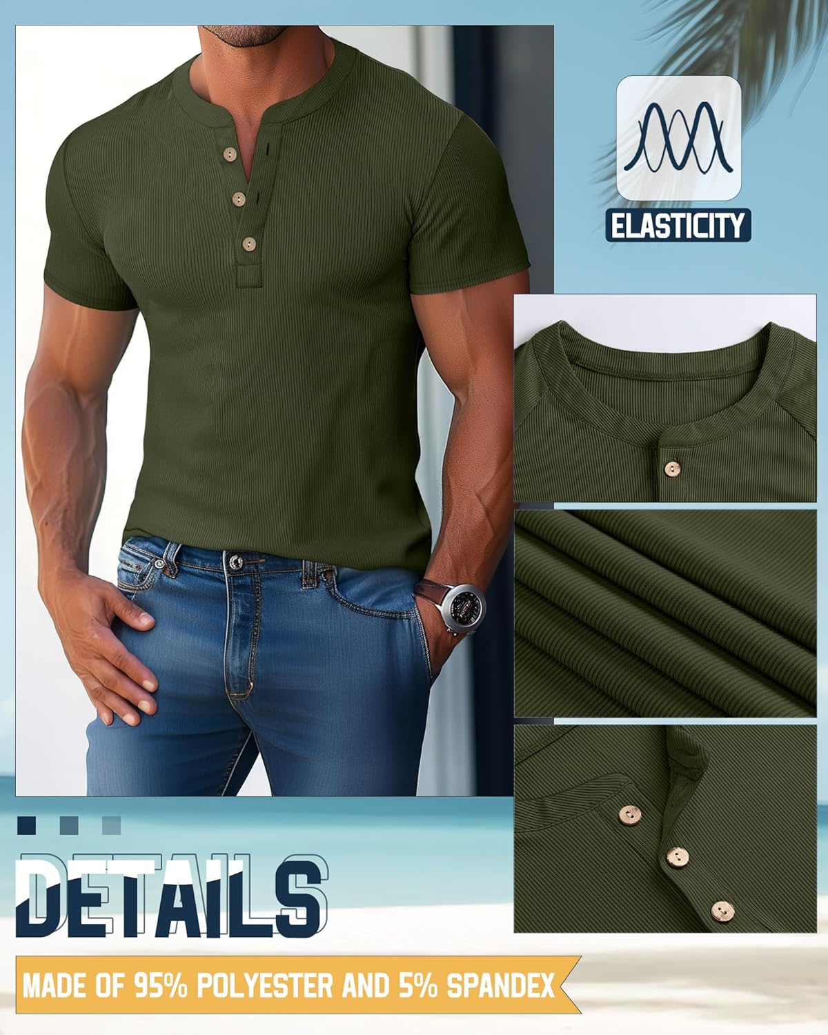 3 Pack Men's Big and Tall Ribbed Henley Shirts Short Sleeve Raglan Casual T-Shirts Classic Summer Button Placket Tee - Image 6