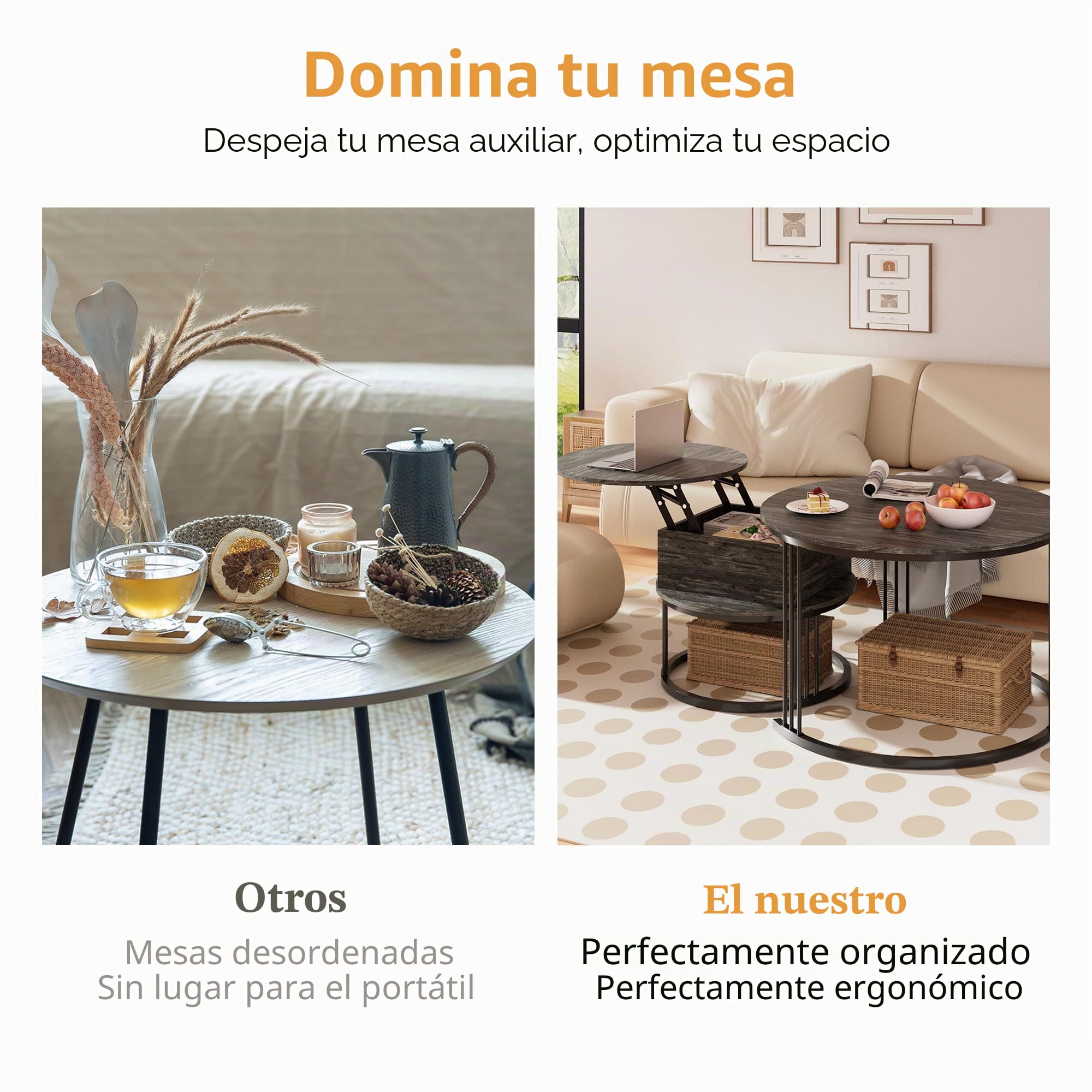 Mesa de Centro Redonda – Juego de 2 Mesas Nido de 70cm/50cm, Tapa Elevable Hidráulica con Almacenamiento Oculto, Mesa Central para Sala de Estar, Espacios Pequeños, Oficina en Casa