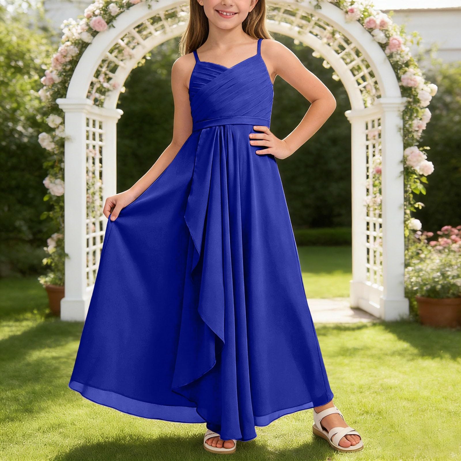 Générique Abito a trapezio Fluido in Chiffon per ragazza, abito lungo per damigella d'onore, cerimonia, matrimonio elegante estate