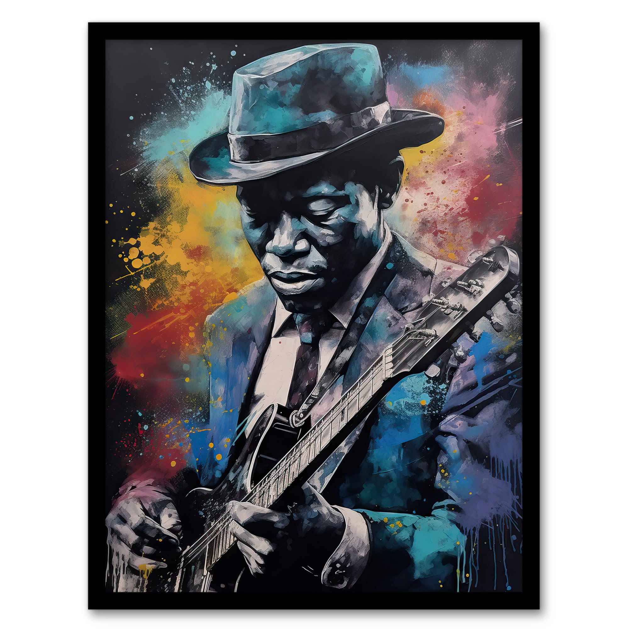 Artery8 Modern Blues Music Musician Colourful Painting Splat Art Portrait Artwork Framed Wall Art Print A4