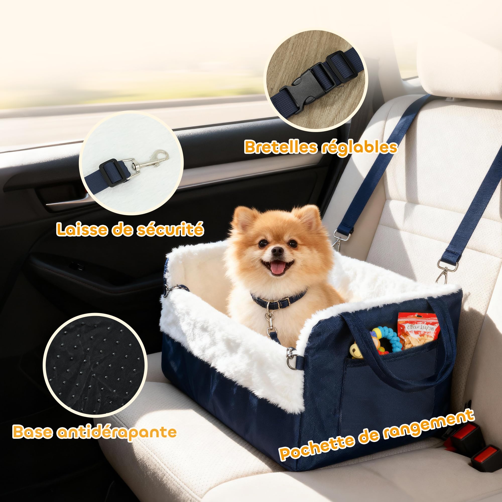 PawHut Asiento de Coche para Perros con cinturón de Seguridad y fijación, Asiento de Coche para Perros con Base Antideslizante portátil hasta 5 kg, cojín extraíble Cesta de Coche para Mascotas, Azul | Fijación, asiento de coche para perros, base antidesli