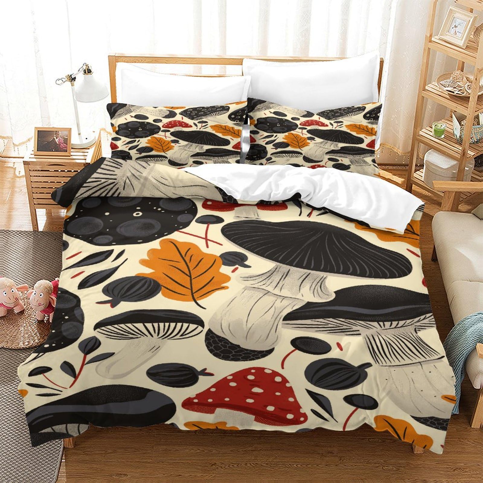 P1S9U7W5Y Autumn Forest 3D Printed Mushroom Leaf Duvet Cover Set 3pcs Microfiber Botanical Bedding Set Double