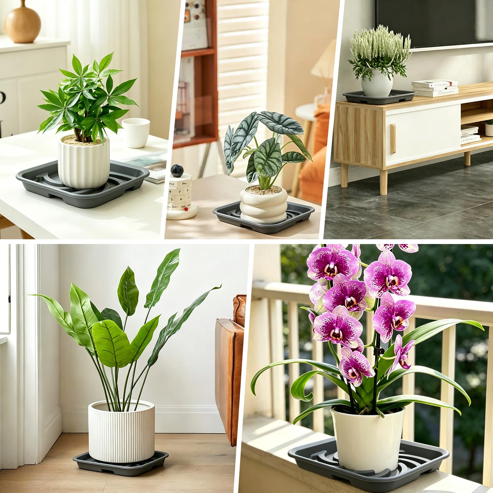 3 Stück Blumentopf Untersetzer, 28x28 cm Kunststoff Pflanzen Untersetzer Eckig, Blumenuntersetzer Grau für Innen und Außenbereich Pflanzkübel