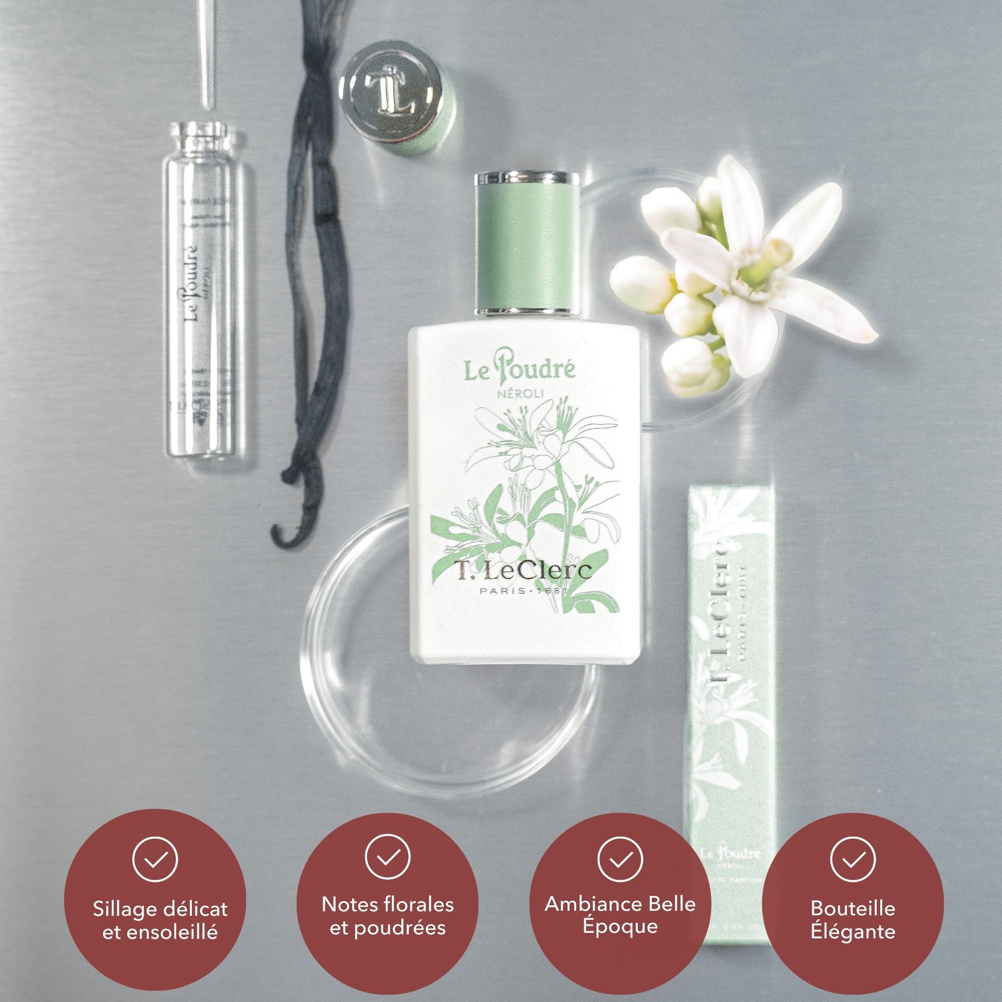 T.LeClerc - Parfum Poudré 50ML - Néroli - Eau de parfum Femme - Fragrance néroli, vanille, musc - Longue Tenue - Fabriqué en France à Grasse