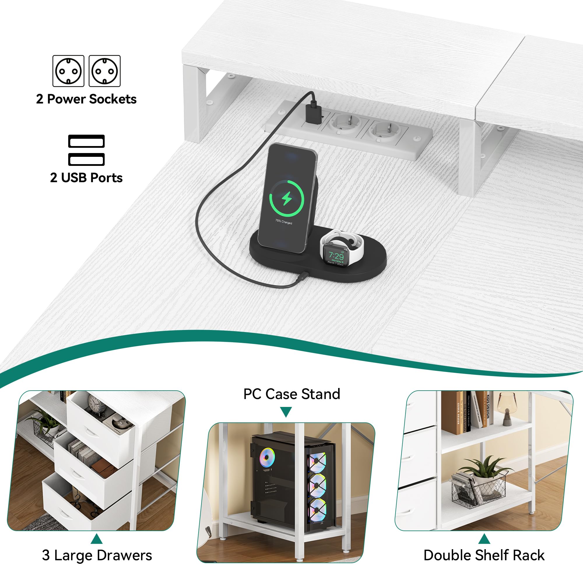 YITAHOME L Form Schreibtisch mit USB Ladeanschluss und Steckdose,Reversible Eckschreibtisch mit 4 Schubladen und Regal,Gaming Schreibtische mit Monitorständer,140x100 cm Computertisch für Büro,weiß