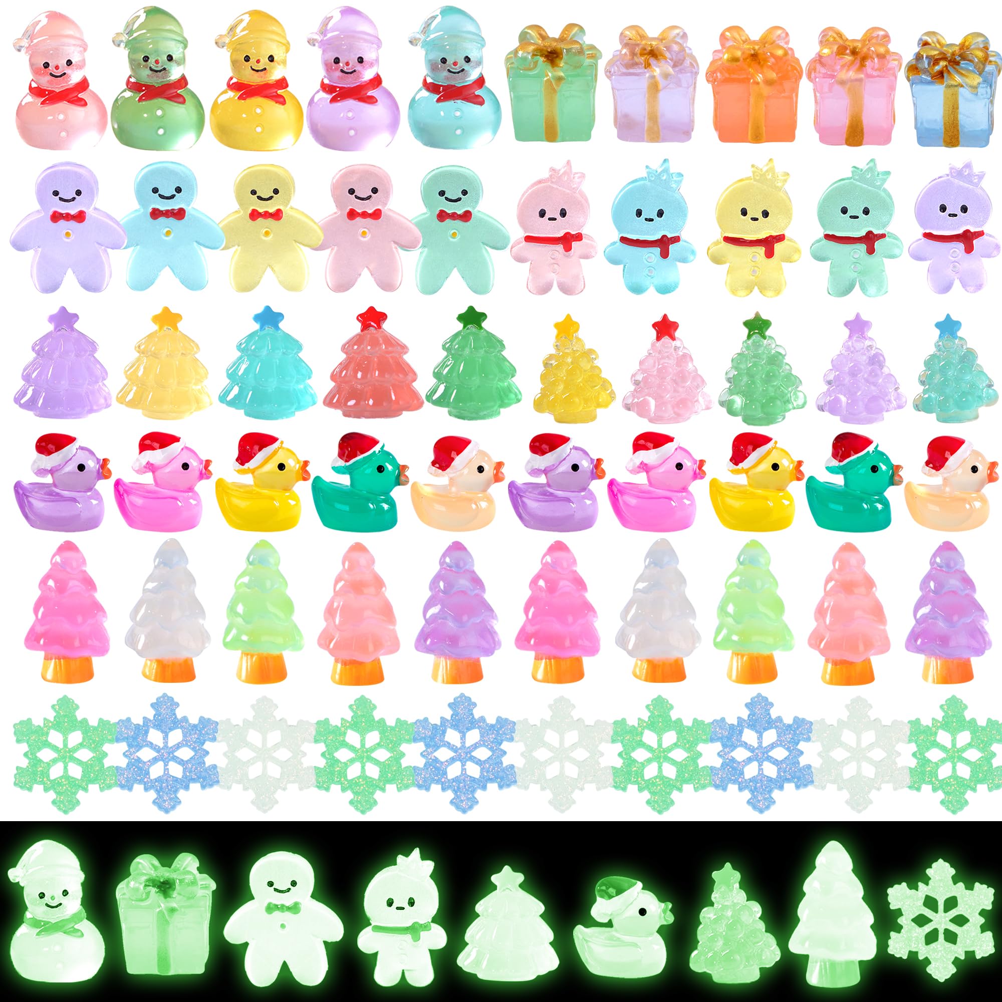 ZXSWEET 60 PCS Christmas Mini Resin Figures Glow in The Dark Miniature Figurines Aquarium Ornaments Charms for Garden Dollhouse Aquarium Home Christmas Snowflake Party