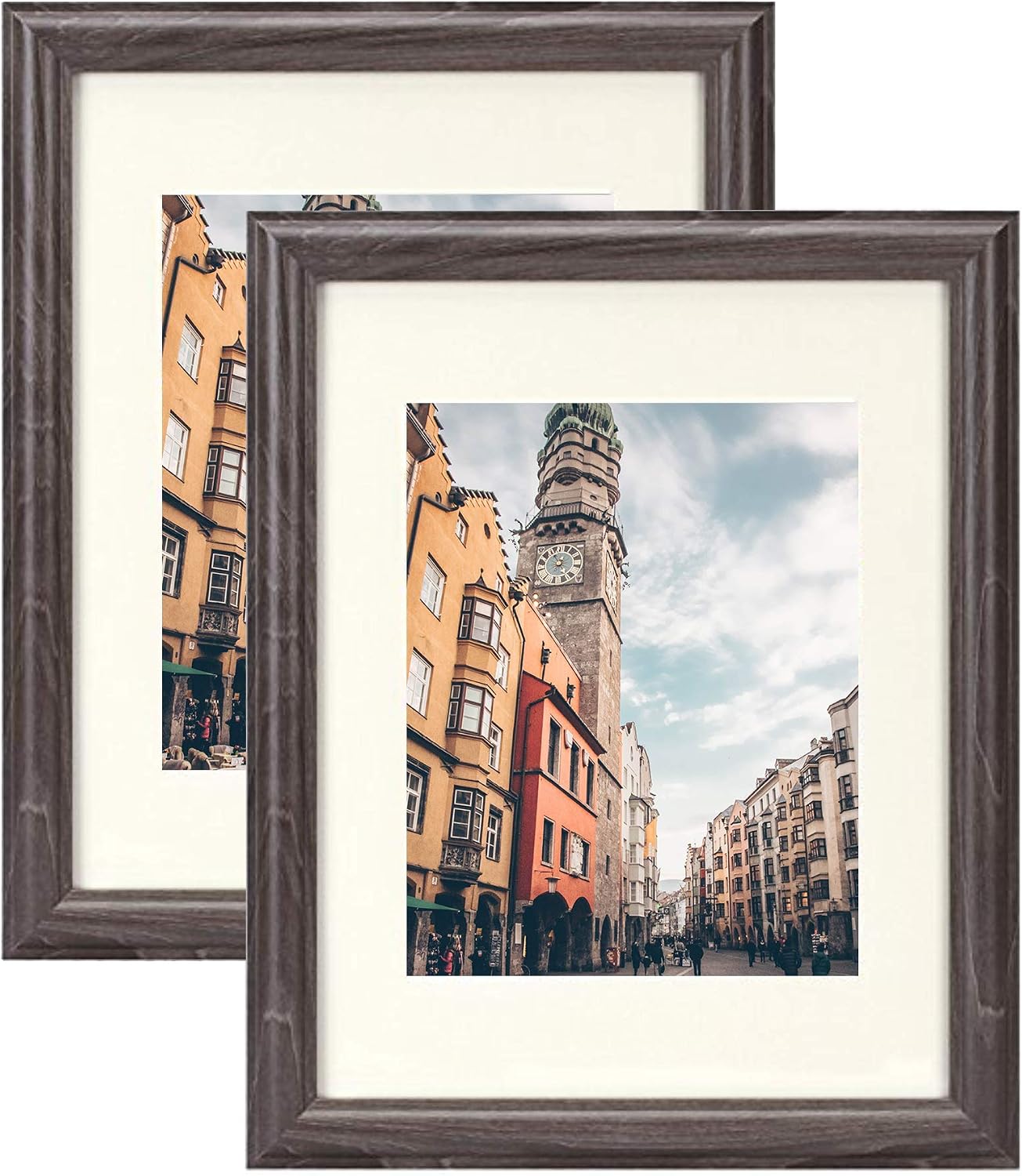 Frametory, Photo Frame comes with Ivory Mat for Pictures - Curved Bevel Design - Sawtooth Hanger, Swivel Tabs - Wall Display - Real Glass (Grey, 11x14 Frame for 8x10 Pictures, 2-Pack)
