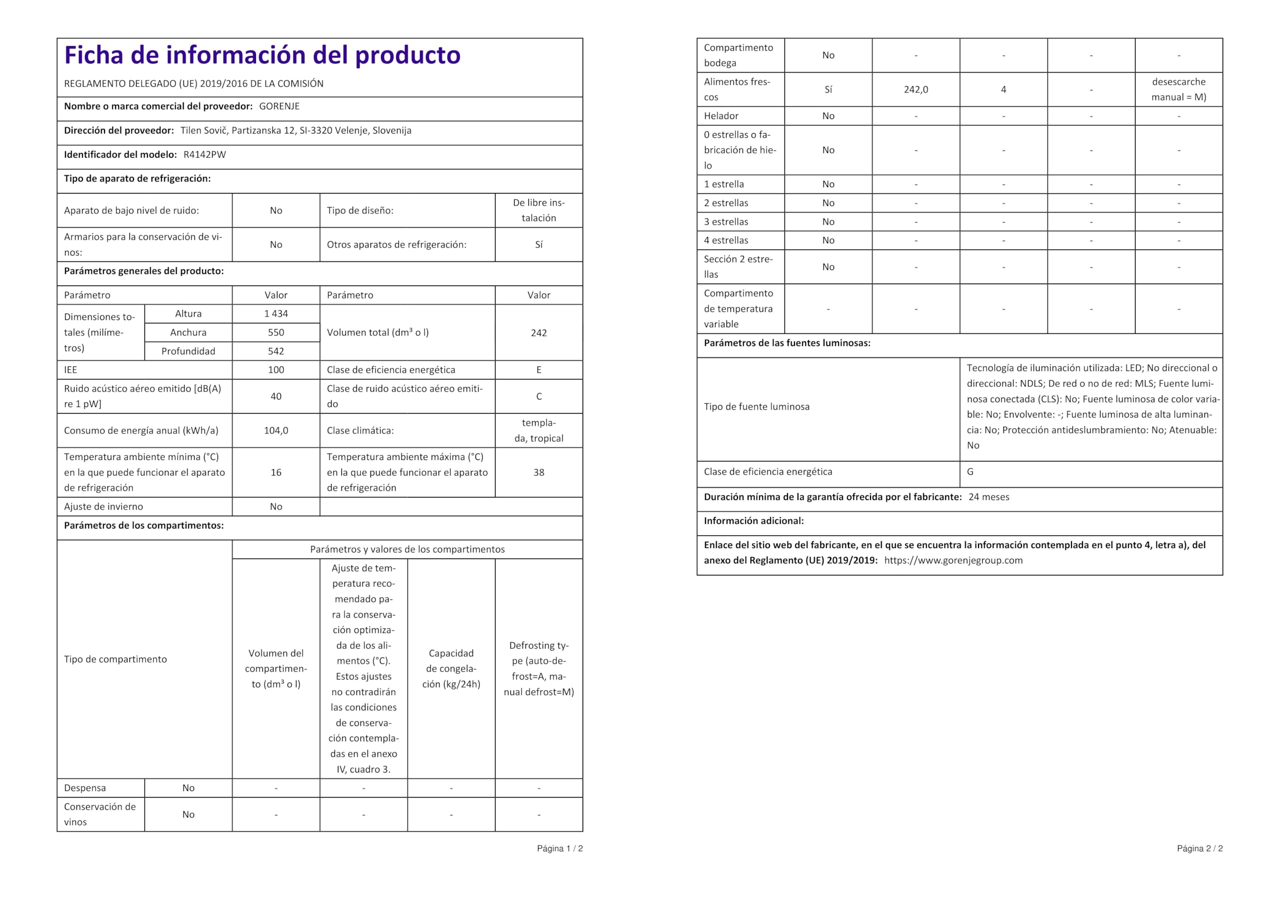 Gorenje R4142PW réfrigérateur Autoportante 242 L E Blanc