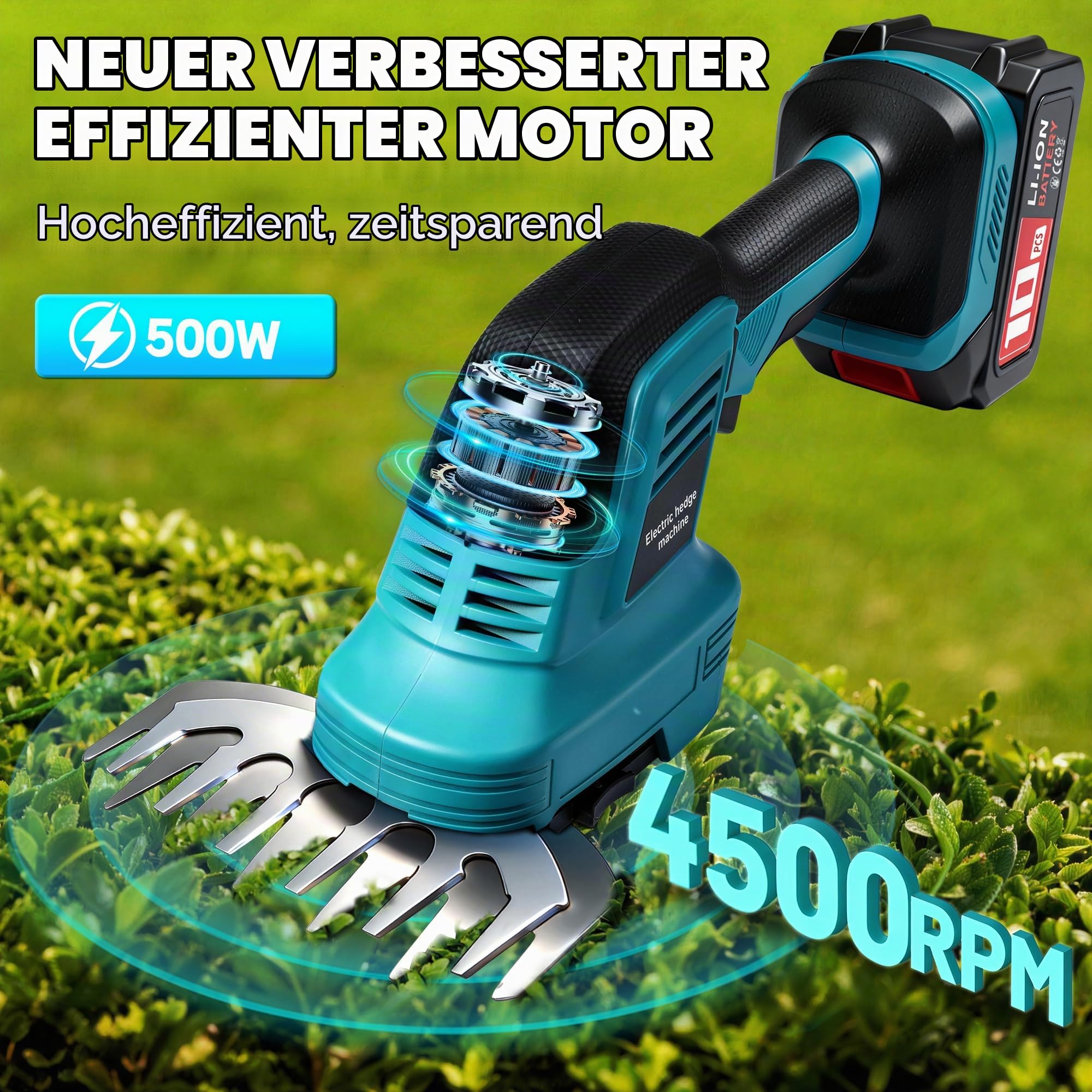 AearKing Akku Heckenschere, Handliche Grasschere und Strauchschere 21V & Ladegerät, 2 in 1 Elektrisch Gartenschere mit 35 cm Strauchschere & 15 cm Grasschere, Elektrische Heckenschere für Hecken