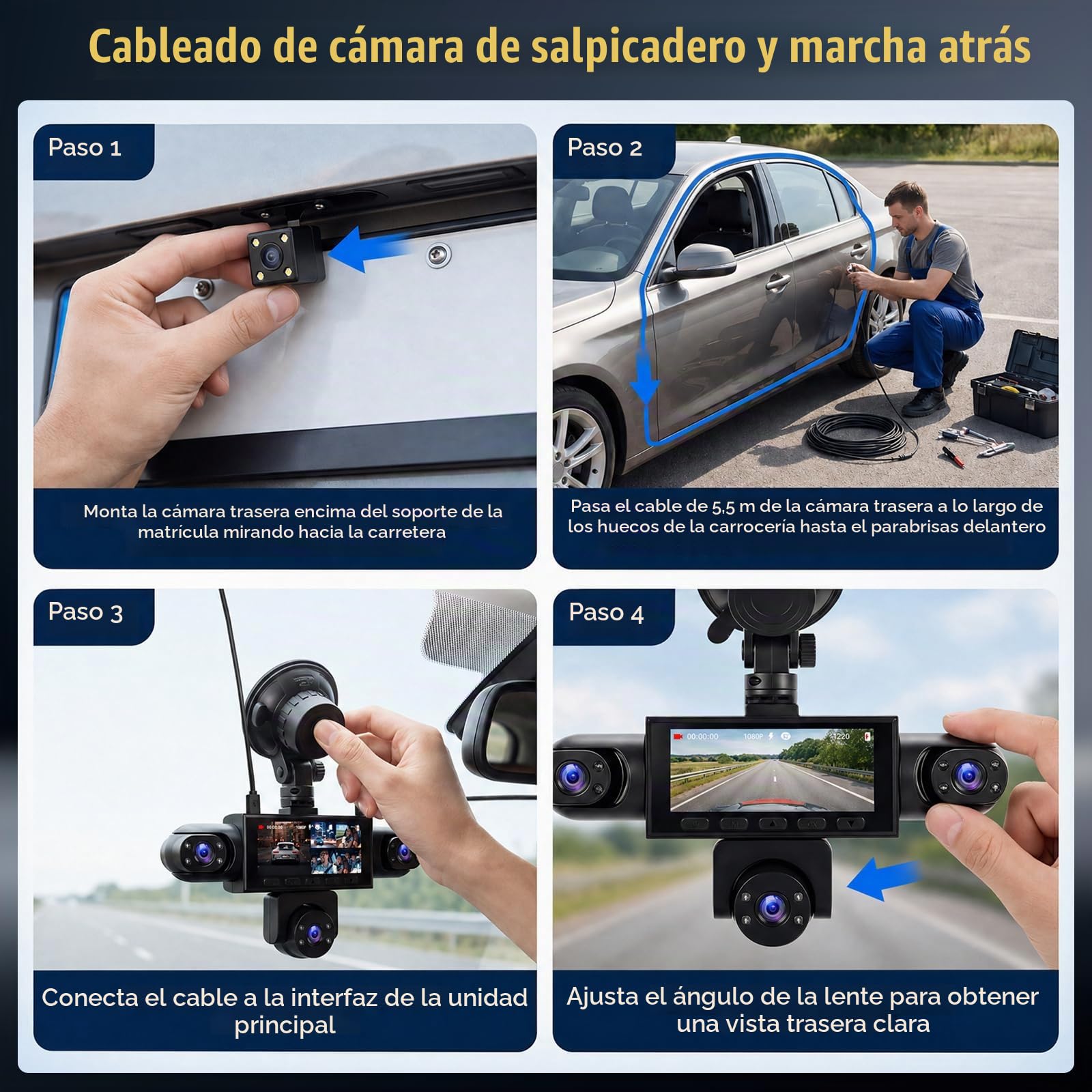 Cámara para Salpicadero de 5 Canales y 1080p con Visión de 360°, (Delantera, Trasera, Izquierda, Derecha e Interior), con Visión Nocturna, Compensación de Exposición y Asistente de Aparcamiento