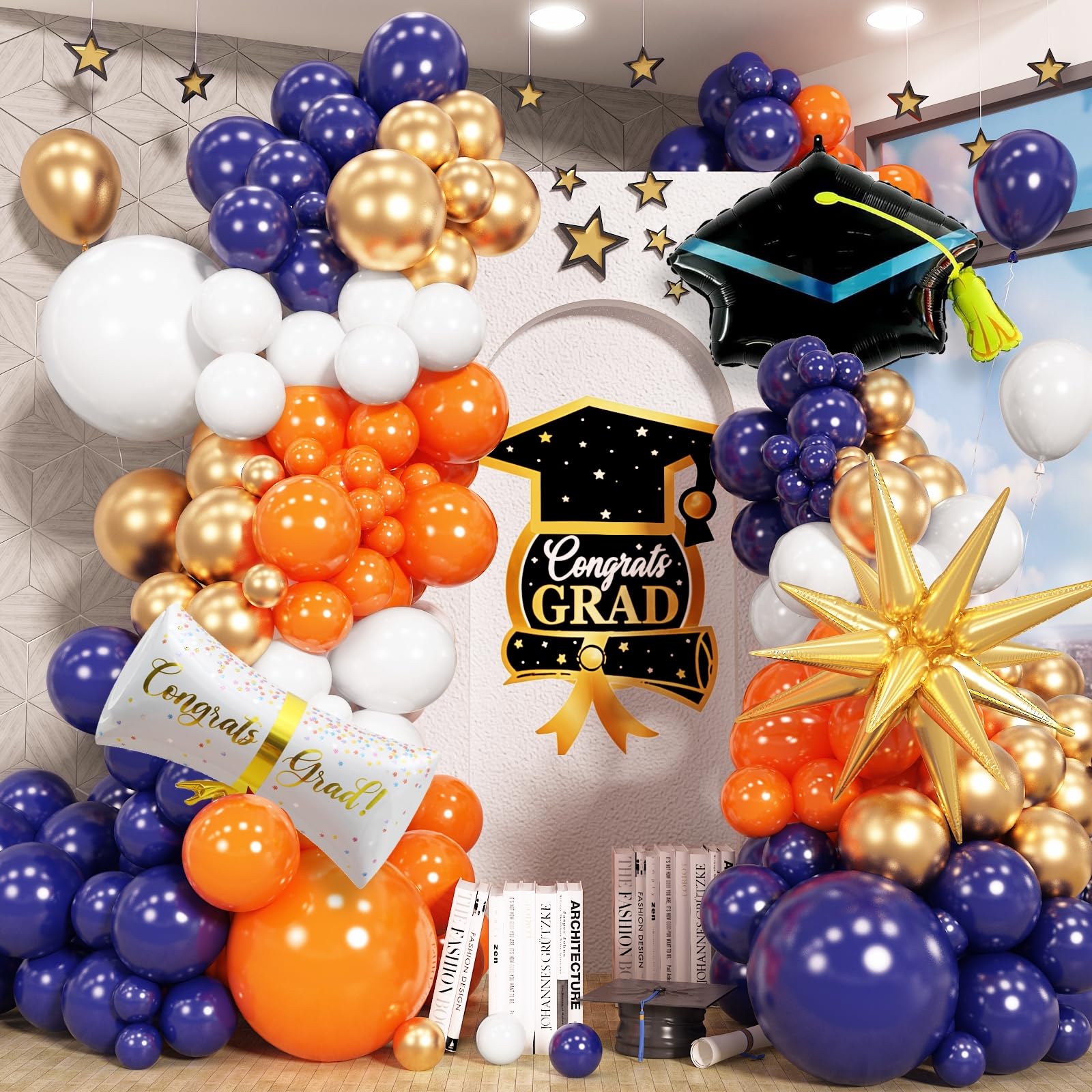 Blue and Orange Graduation Balloons Arch Garland Kit, 115 Pcs Navy Dark Blue Gold Orange Congrats Grad Balloons Class of 2025, Prom Graduation Party Decoration with Star Certificate Cap Foil Balloon