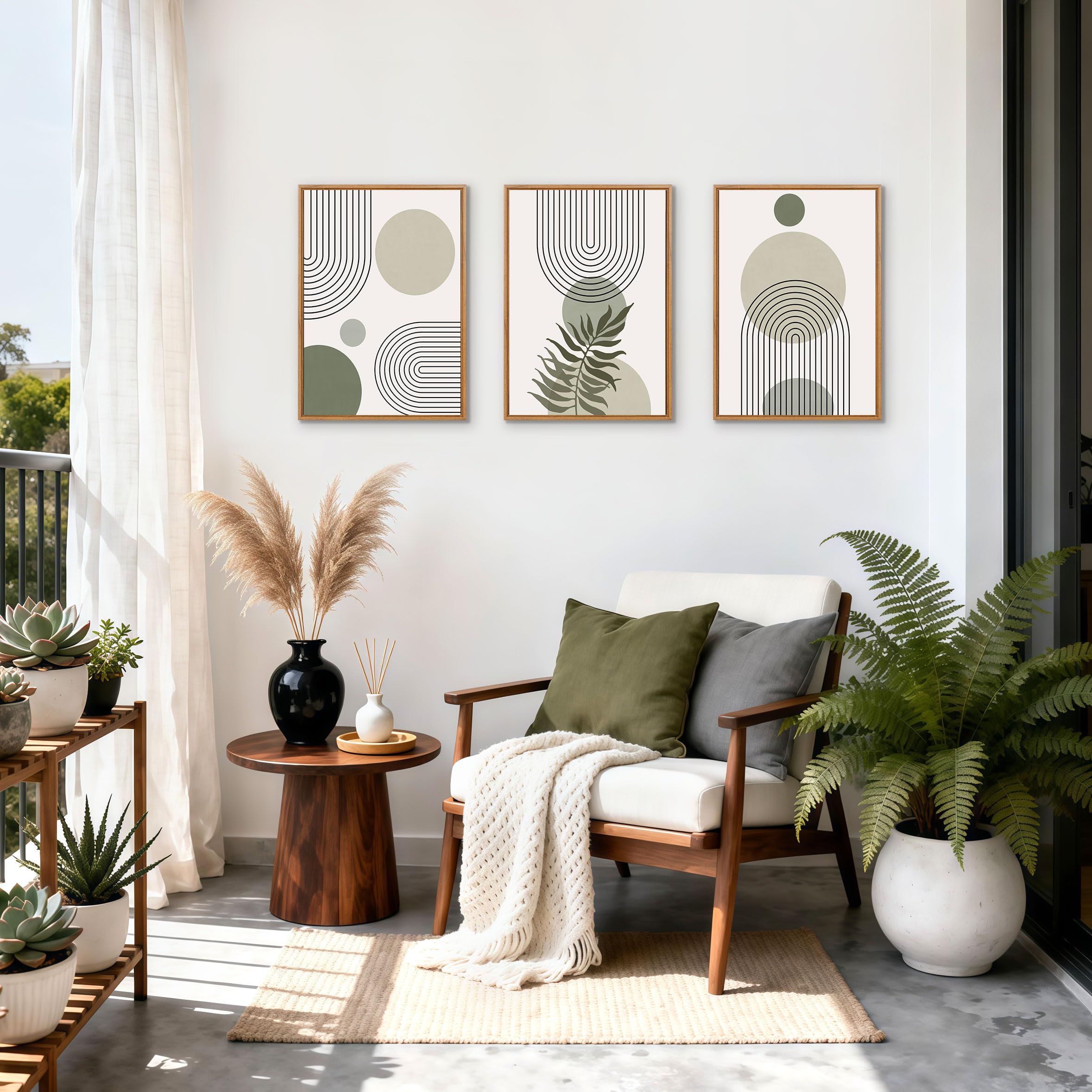3 Pcs Wooden Framed Canvas Wall Art Set Bohemian Sage Green Canvas Prints Poster Geometric Line Beige Green Pictures for Living Room Bedroom Dinning Room Hallway Stairs Wall Decor 30x40cm x3pcs — view 408