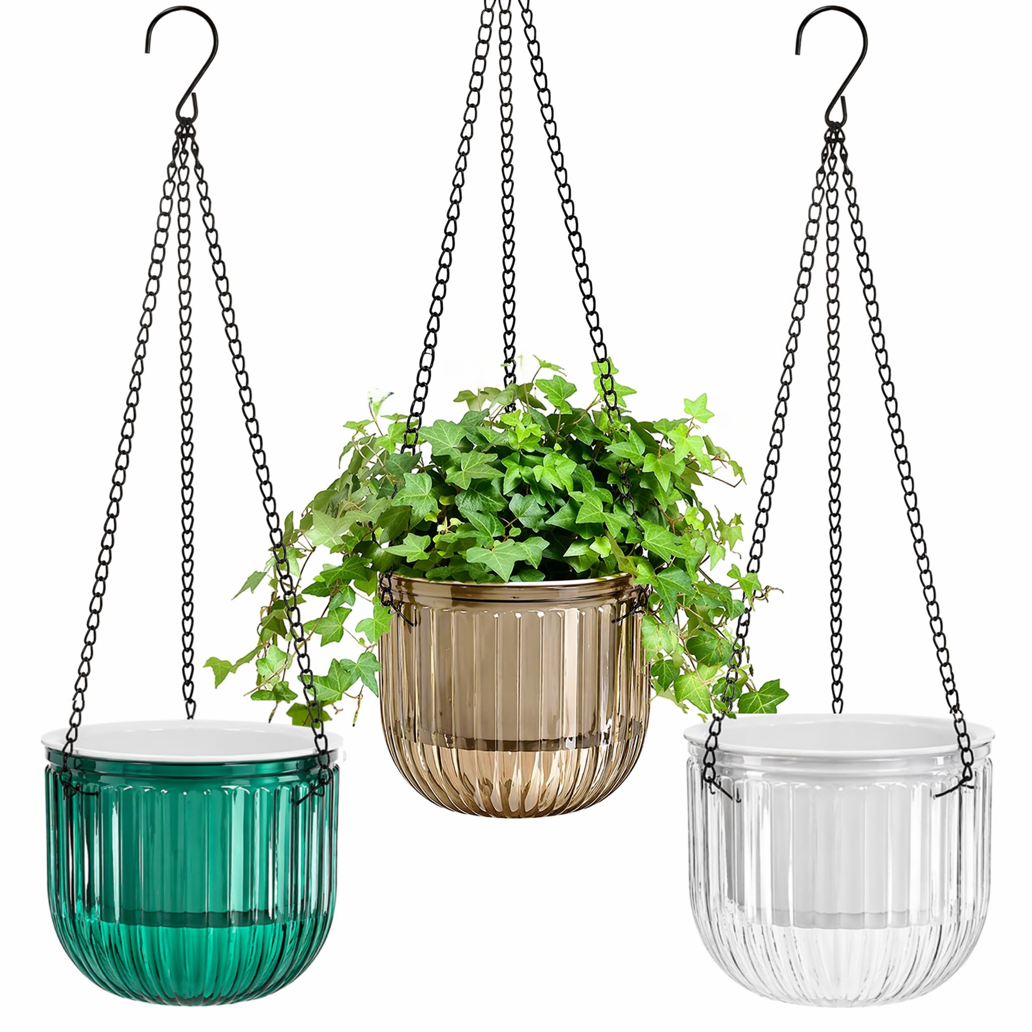 Pumtus 3 Pack Hanging Planters for Indoor Plants, 6.5 Inch Self Watering Flower Pot with Drainage Hole, Plastic Hanging Basket with 3 Hooks Chains, Plant Holder for Outdoor Plants, Herbs (3 Colors)